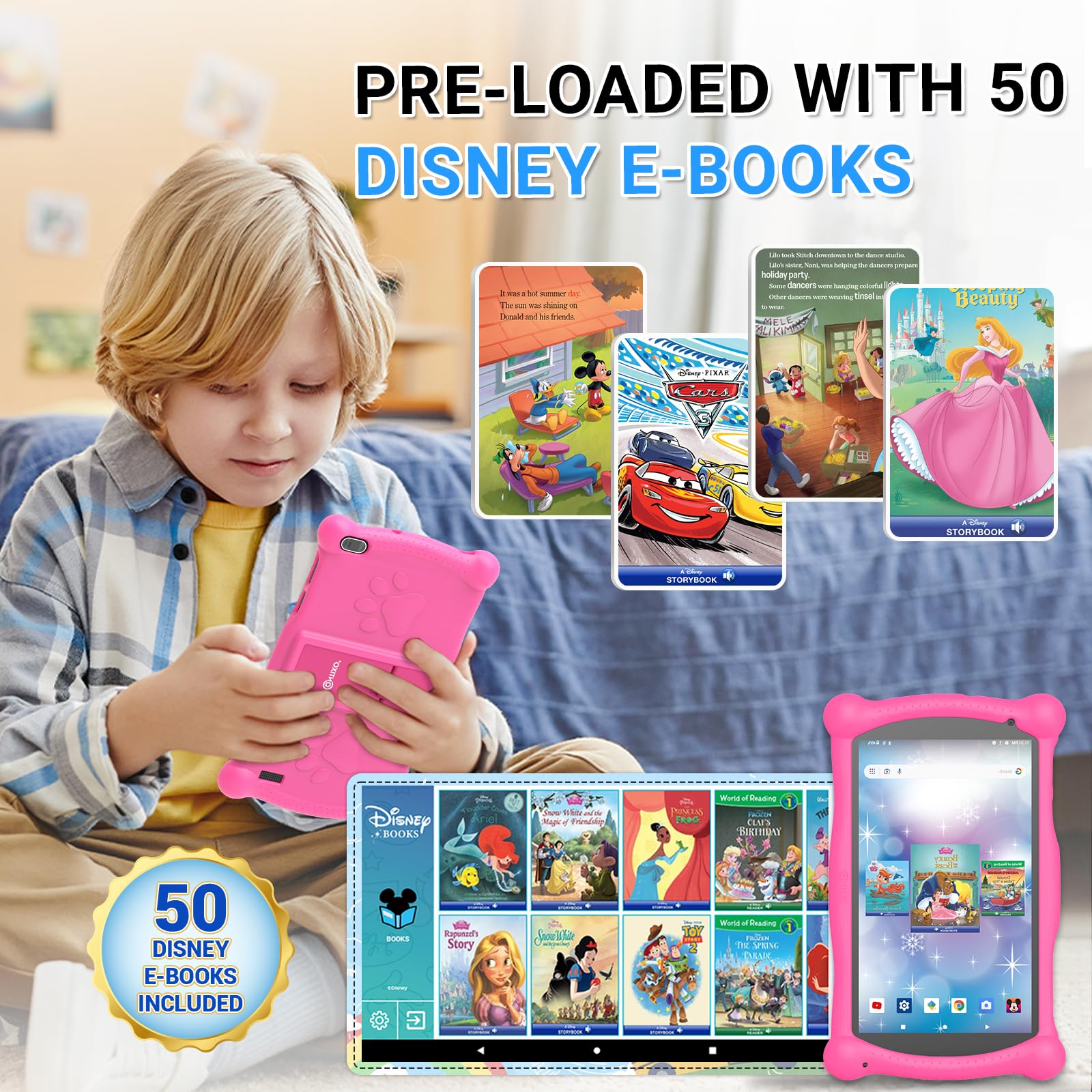 Contixo 7' Disney Kids Learning Tablet Bundle   Wifi, Bluetooth, Headphones, Stylus & Bag, 15 Pre Installed Teacher Approved Apps, Parental Controls, Ideal For Preprimary Education   Pink