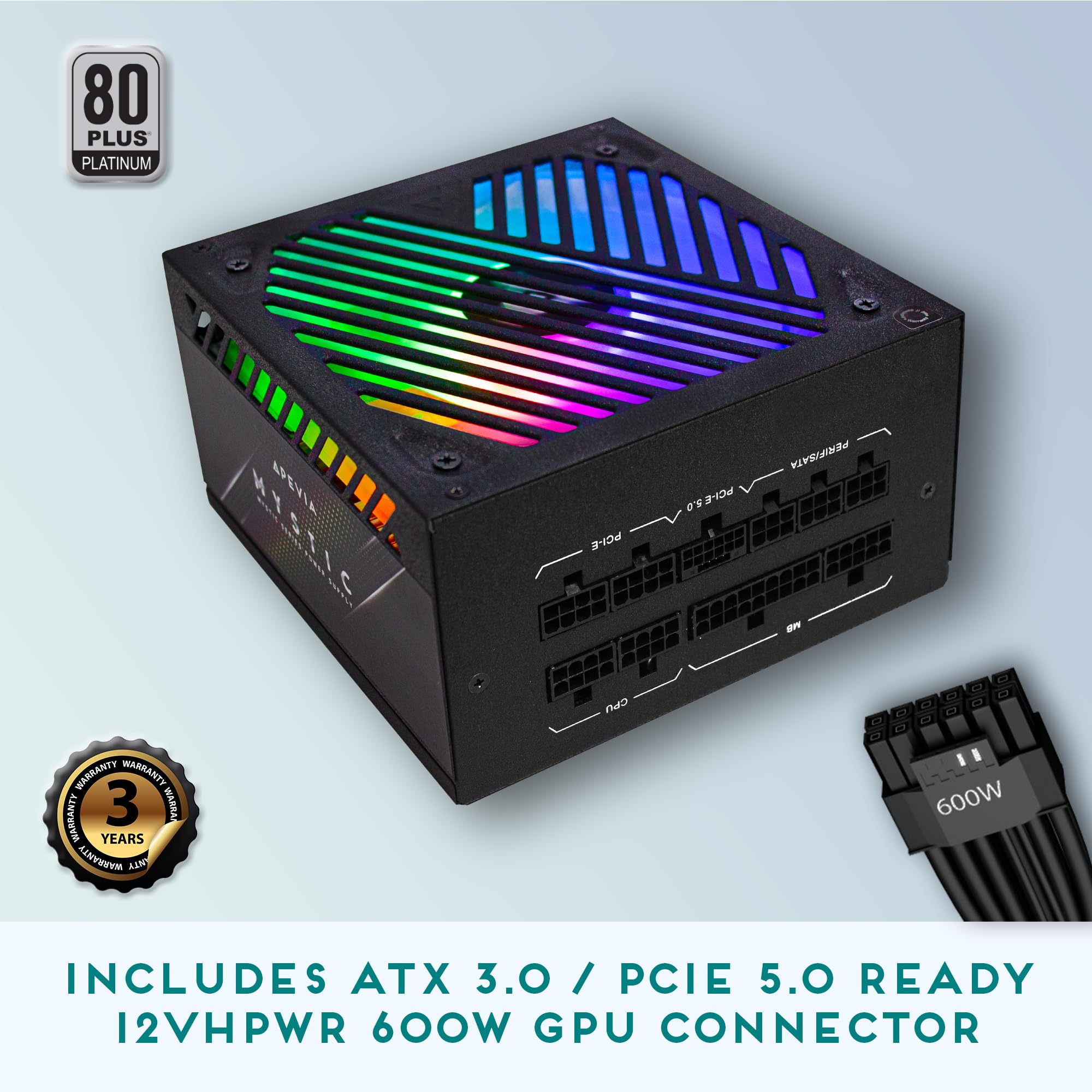 Apevia Atx Mt1000W Mystic 1000W Fully Modular 80+ Platinum Certified, Pcie 5.0 & Atx 3.0 Ready Active Pfc Atx Rgb Gaming Power S