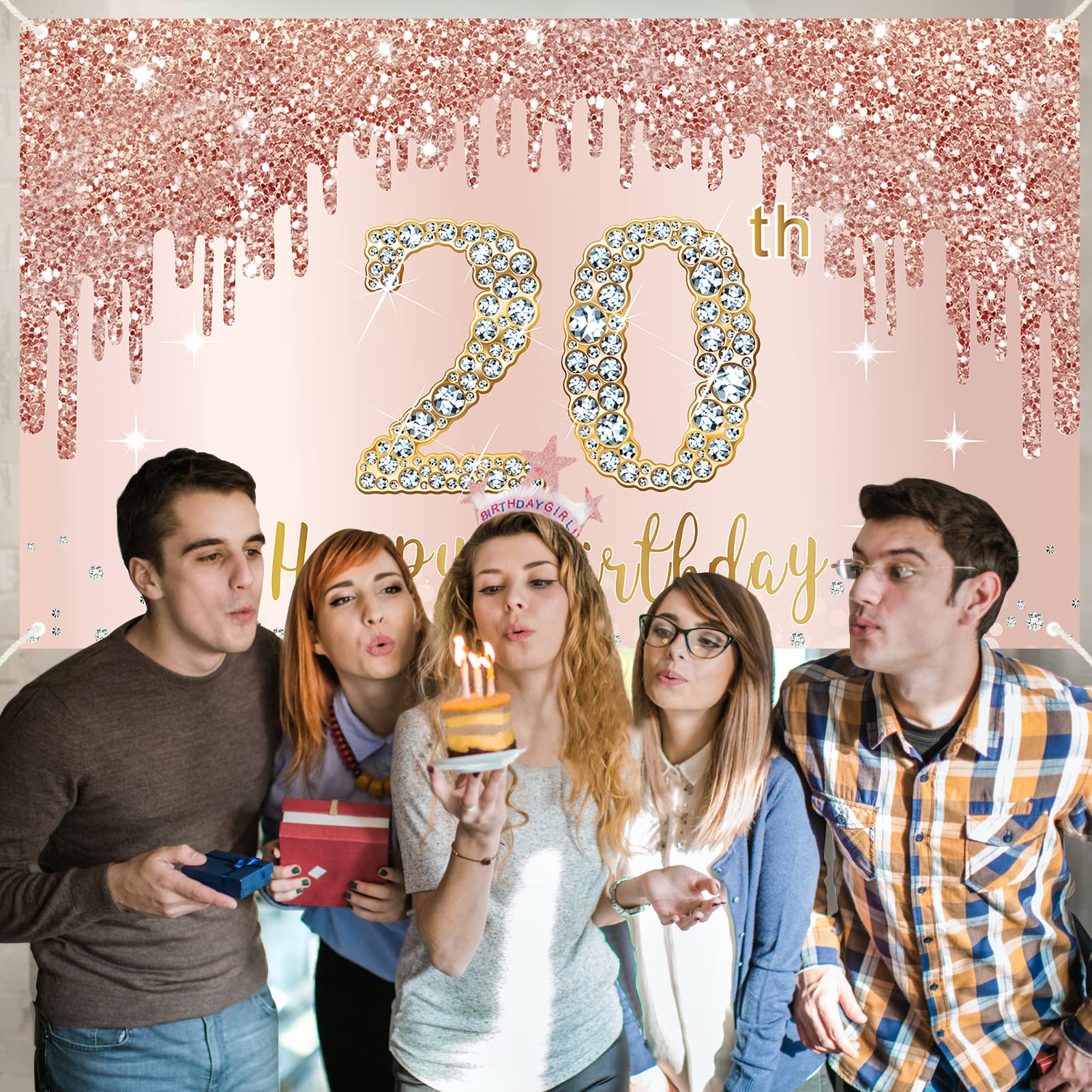 Happy 20Th Birthday Banner Backdrop Decorations For Women Girls, Rose Gold 20 Birthday Sign Party Supplies, Pink 20 Year Old Bir