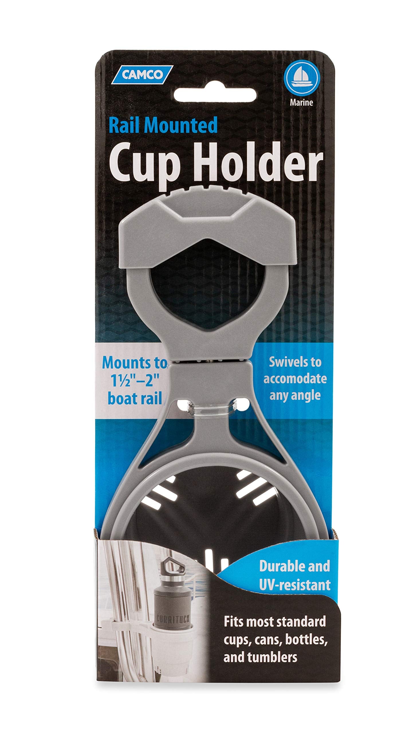 Camco Small Clamp Mounted Cup Holder-Provides A Secure Location For Your Beverage-Mountable For Up To 1-1/4-Inch Rail-Gray (5309,WBAUVB07ZR1835F