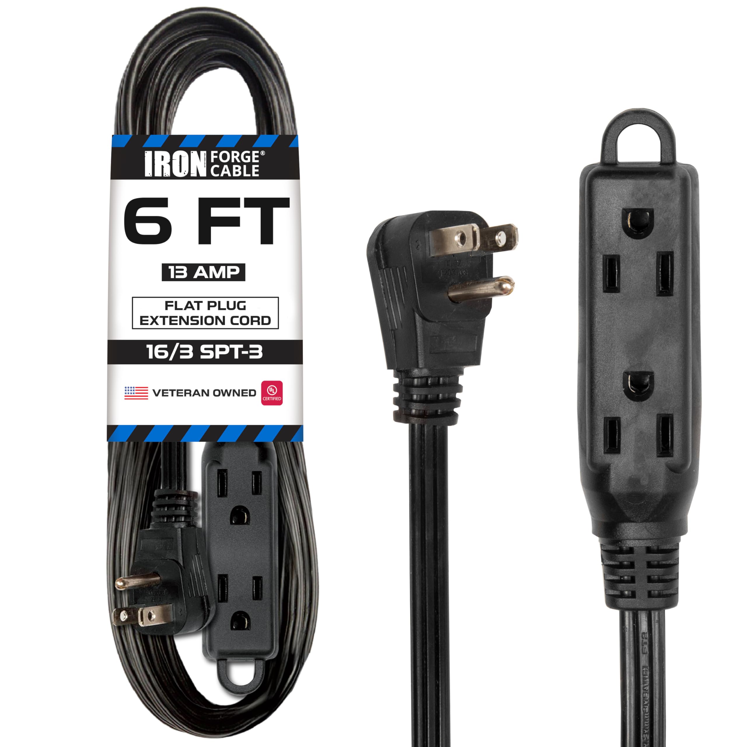 Iron Forge Cable 6 Ft Flat Plug Black Extension Cord With 3 Outlets, 16/3 Flat Cable 3 Prong Indoor Extension Cord With Multiple