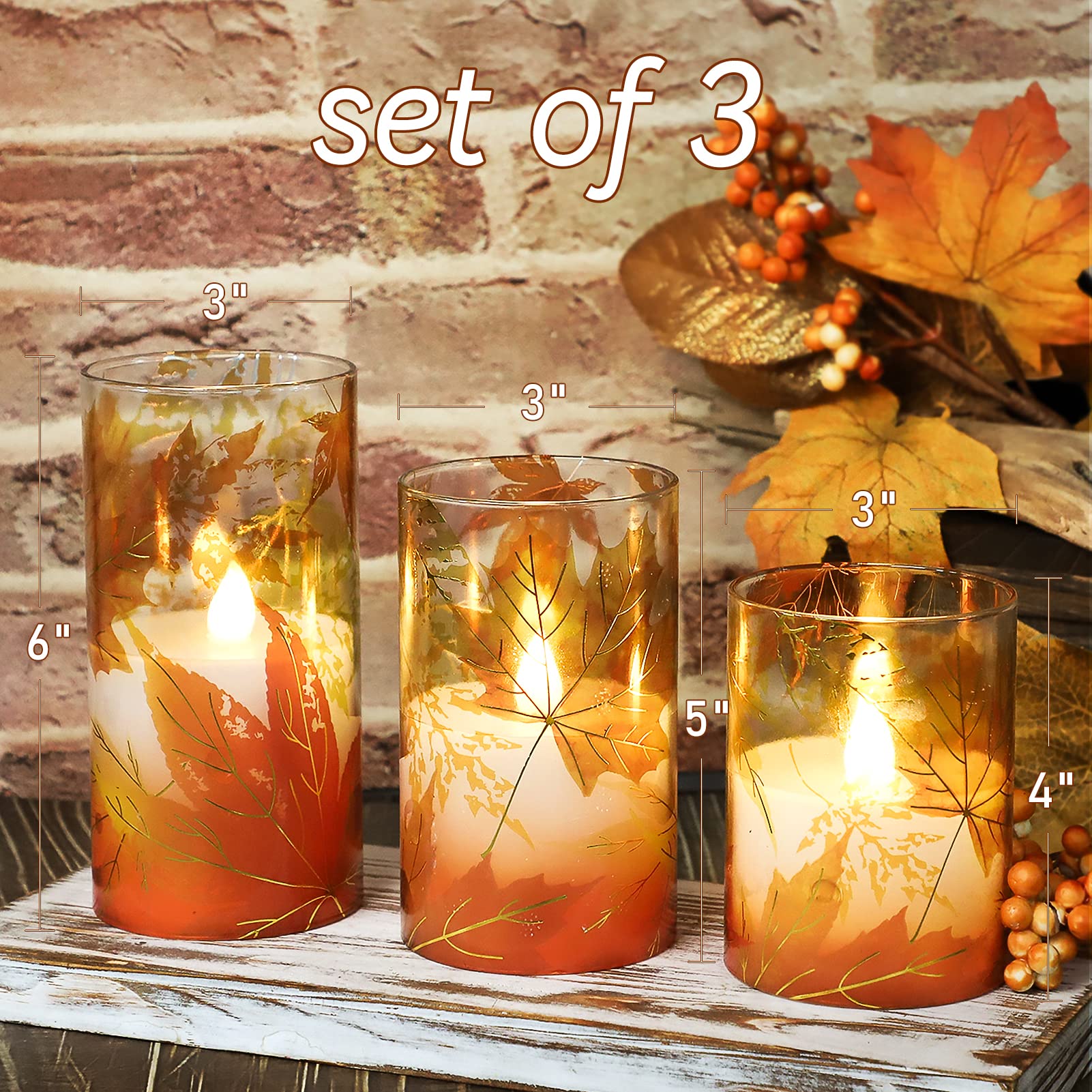Flavcharm Fall Decor Flameless Candles, Battery Operated With Remote, Maple Leave Glass Led Flickering Candles Realistic Pillar