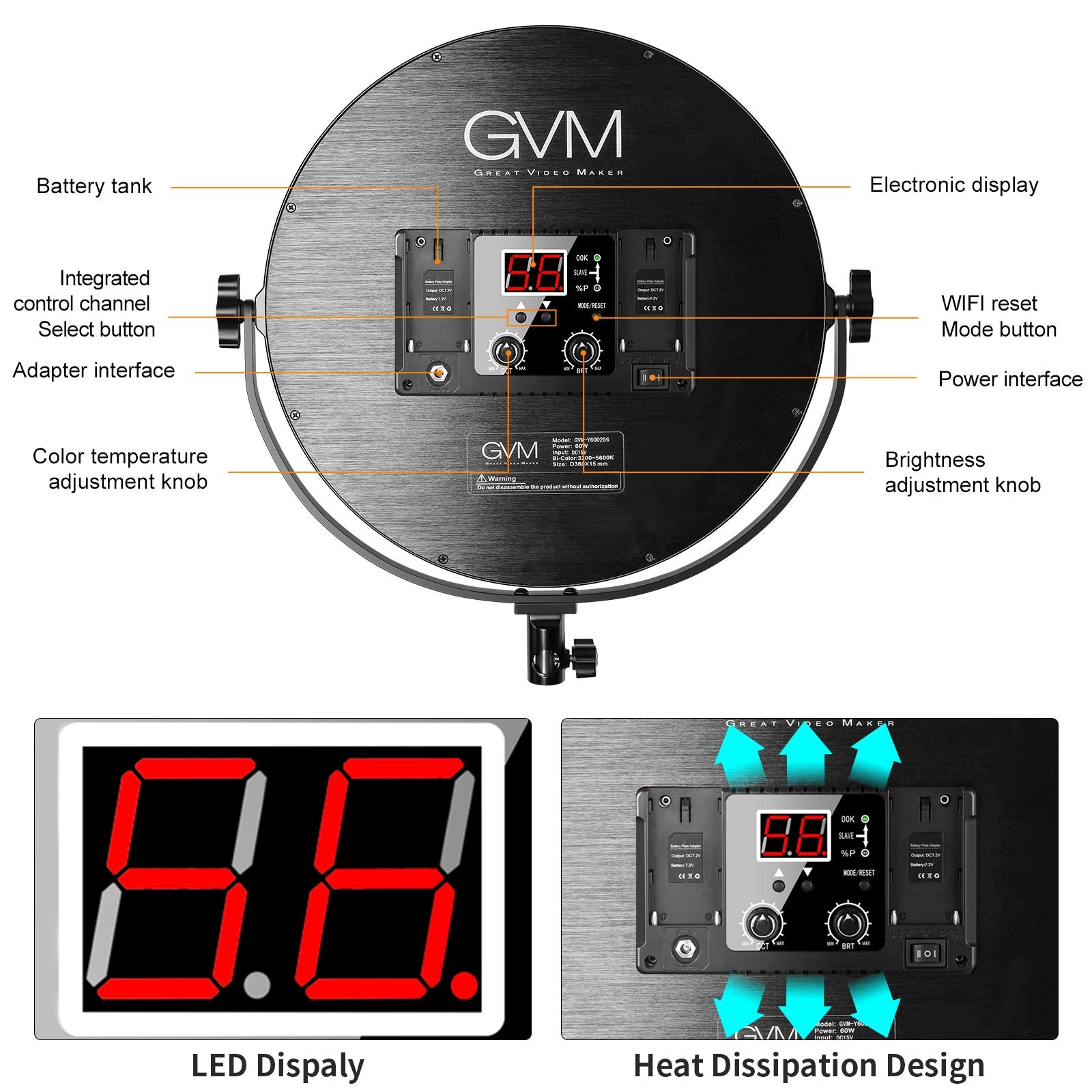 Gvm Key Light, 14'' Led Video Light With App Control, Bi Color Round Lighting, Ultra Thin 60W 3200 5600K Dimmable Led Soft Light
