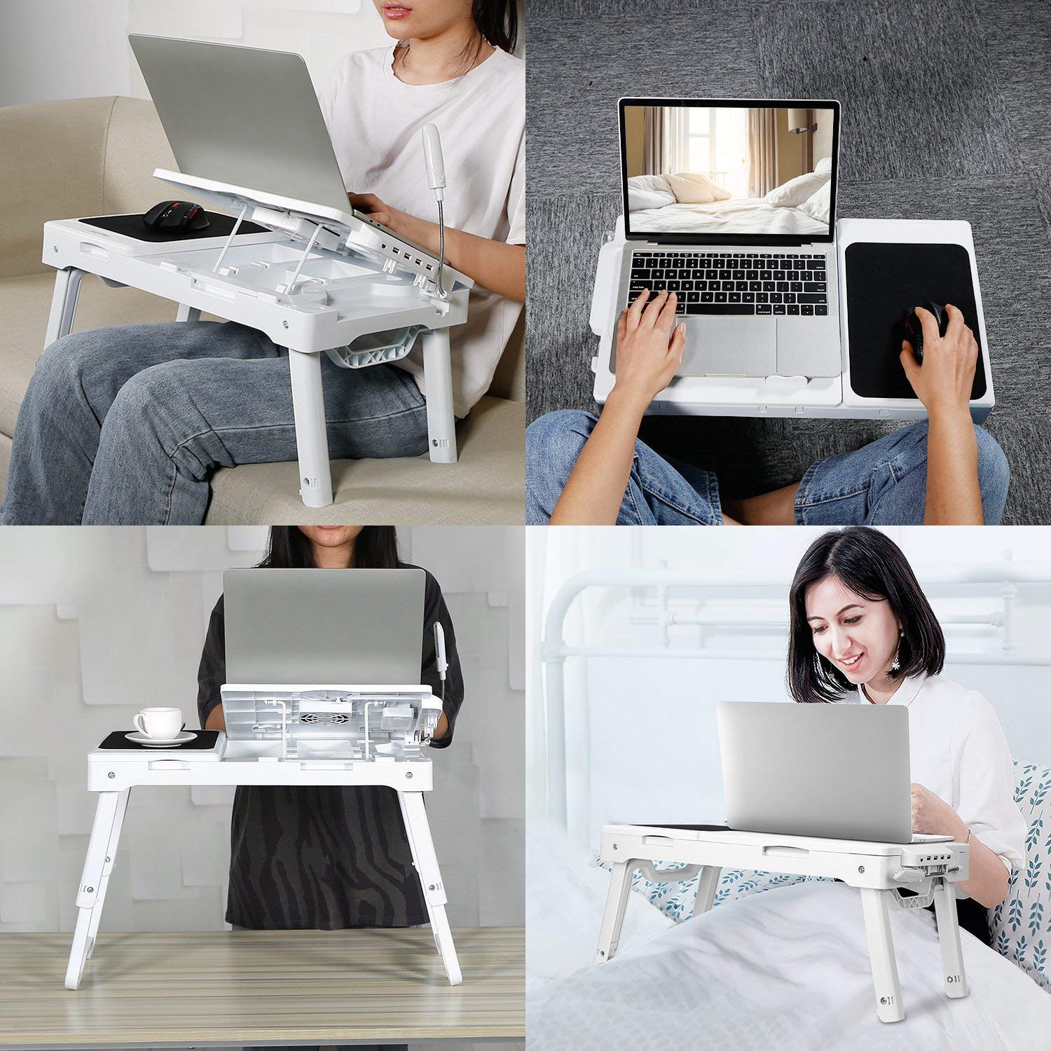 Teqhome Laptop Table For Bed, Adjustable Laptop Bed Desk With Fan, 4 Usb Ports, Portable Lap Desk With Foldable Legs, Laptop Stand For Couch Sofa Bed Tray With Led Light, Storage, Mouse Pad   White