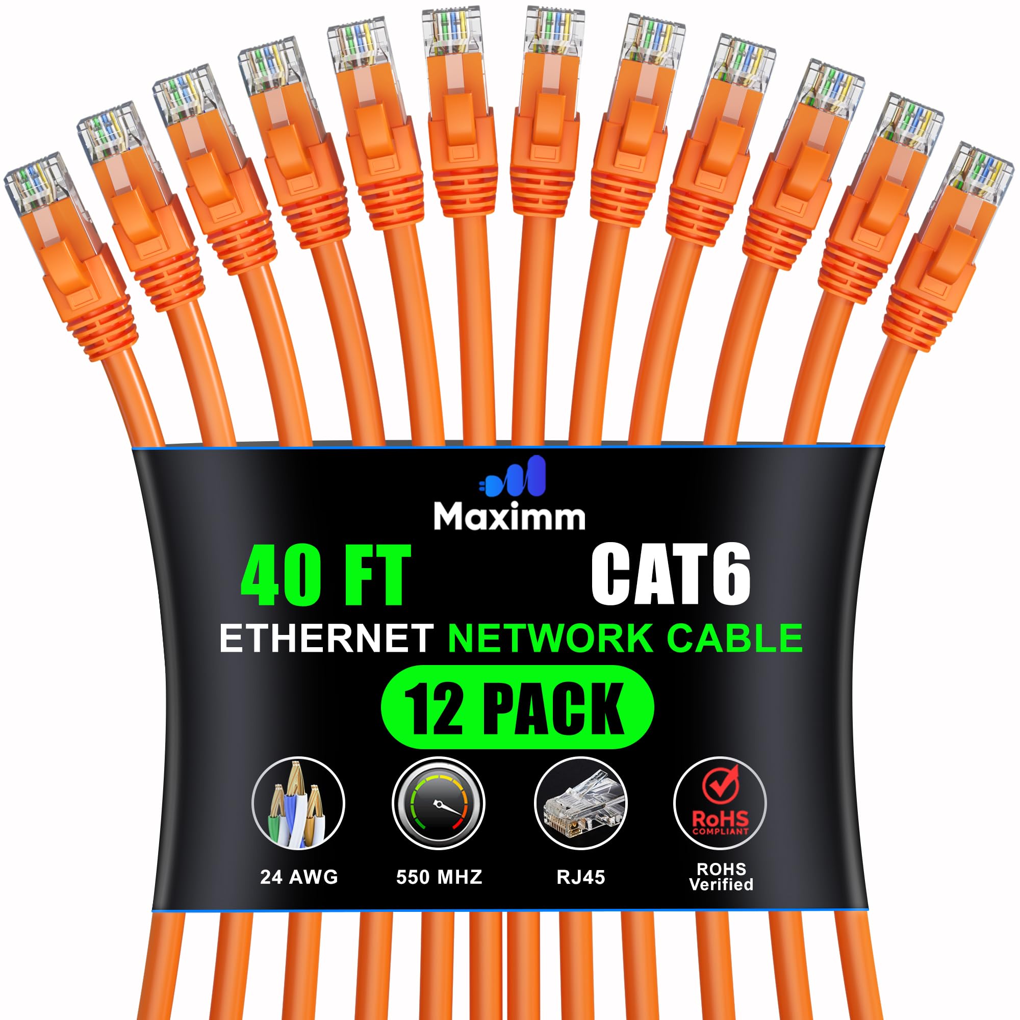 Maximm Cat 6 Ethernet Cable 40 Ft (12 Pack)   High Speed Lan Cable, Internet Cable, Patch Cable, And Network Cable   Utp, 10Gbps, 550Mhz Ethernet Cord   Orange