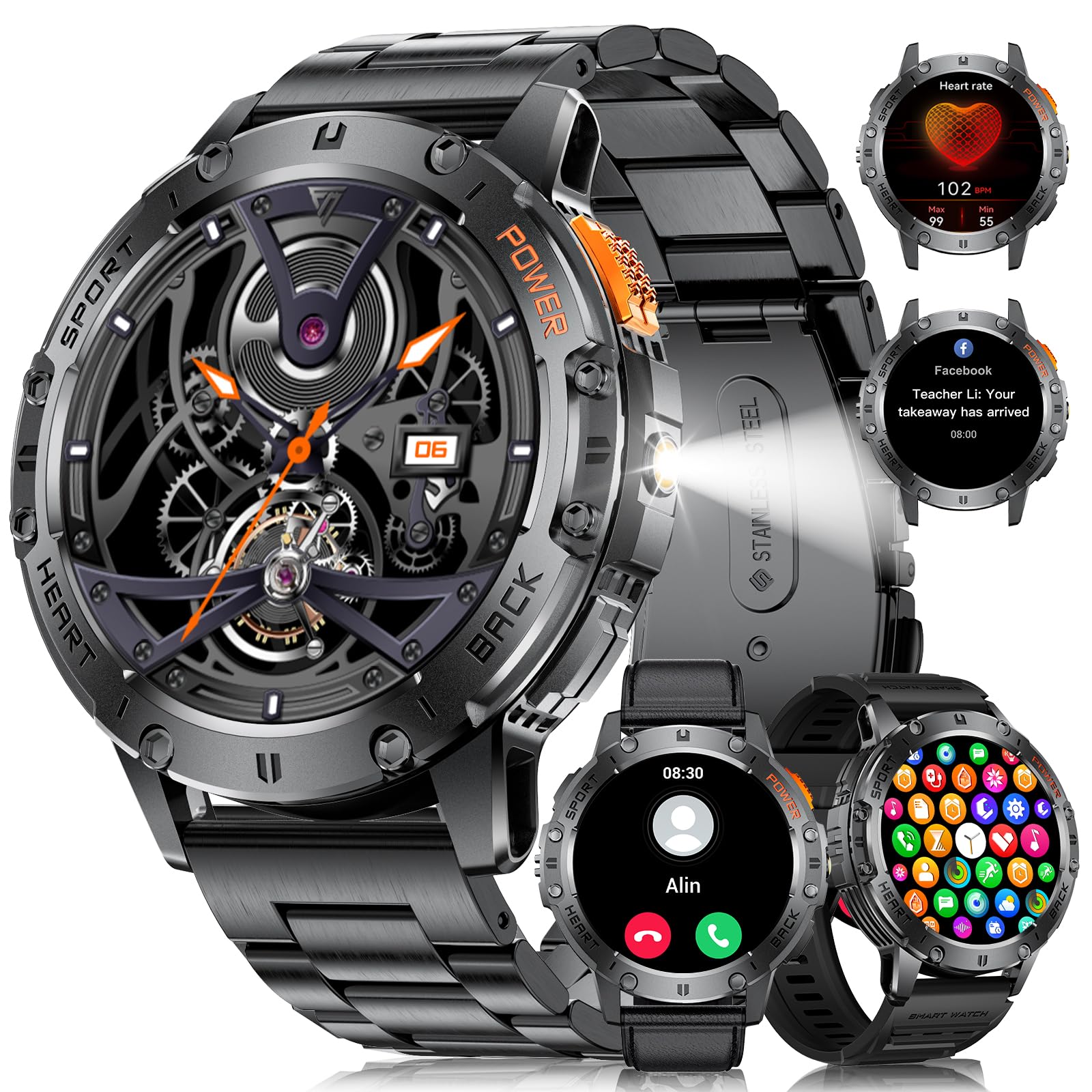 Military Smart Watches For Men(Answer/Make Calls) With Led Flashlight,530Mah Large Battery,1.43 Amoled Heart Rate/Sleep Monitor