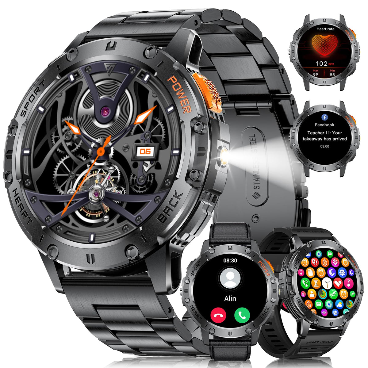 Military Smart Watches For Men(Answer/Make Calls) With Led Flashlight,530Mah Large Battery,1.43 Amoled Heart Rate/Sleep Monitor