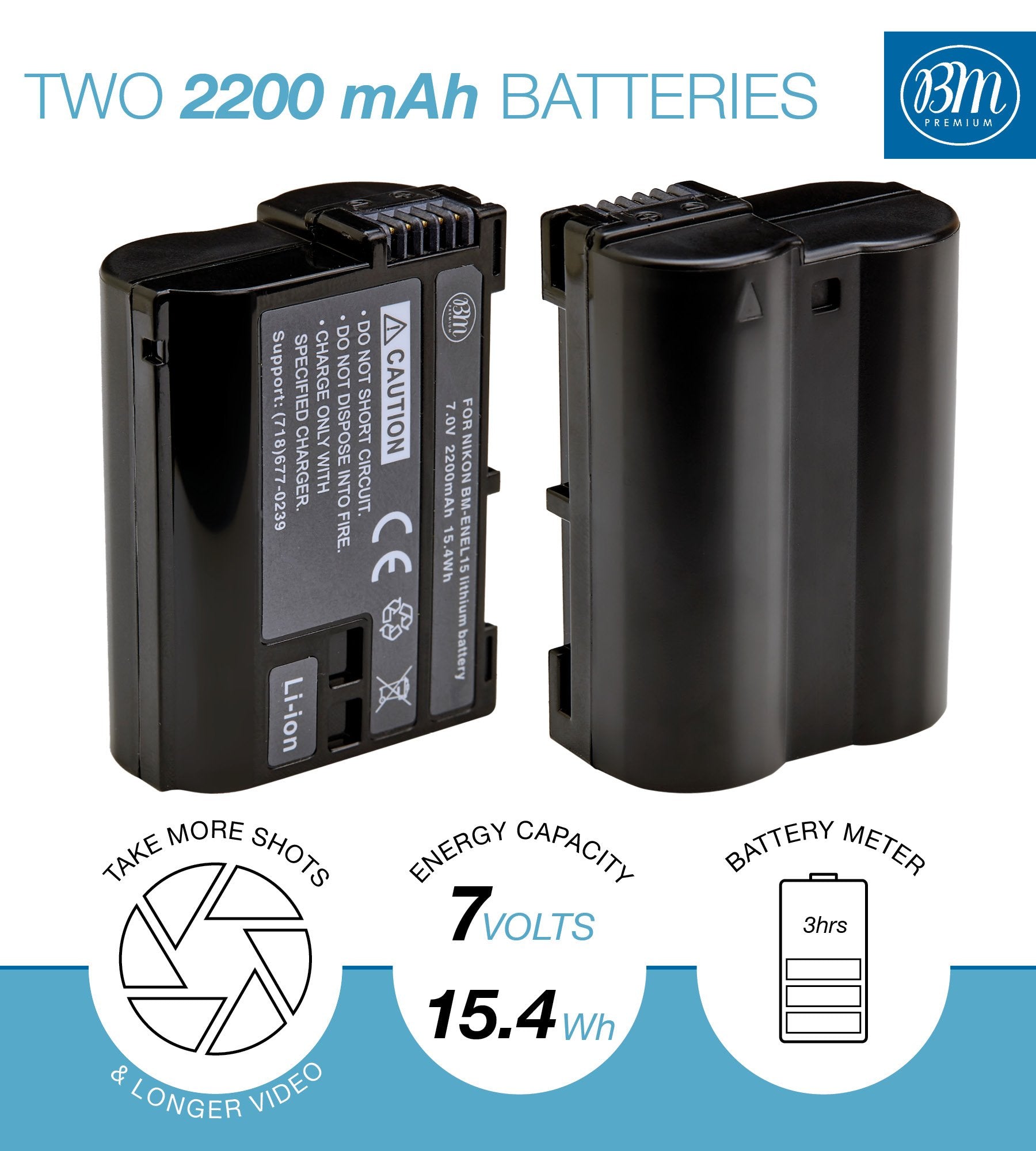 BM Premium EN-EL15 Battery & Charger Kit for Nikon D850, D7500, D500 - 2 Batteries & Charger