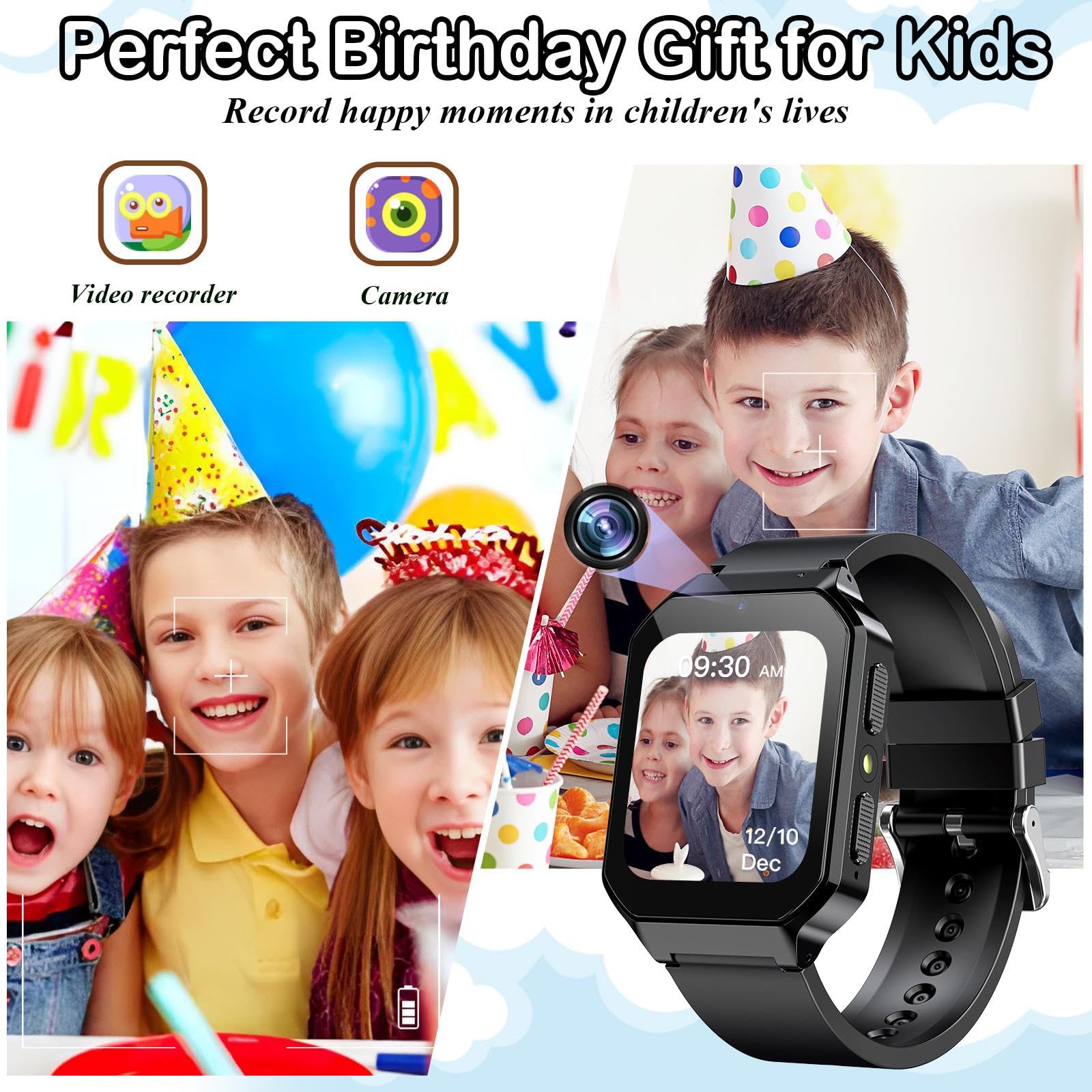 Derui Smart Watch For Kids 3 12 Years Boys Girls, 26 Puzzle Games, Smartwatch With Camera, Pedometer, Stopwatch, Video Voice Music Player Calendar Alarm Clock Learn Card For Children Gifts (Black)