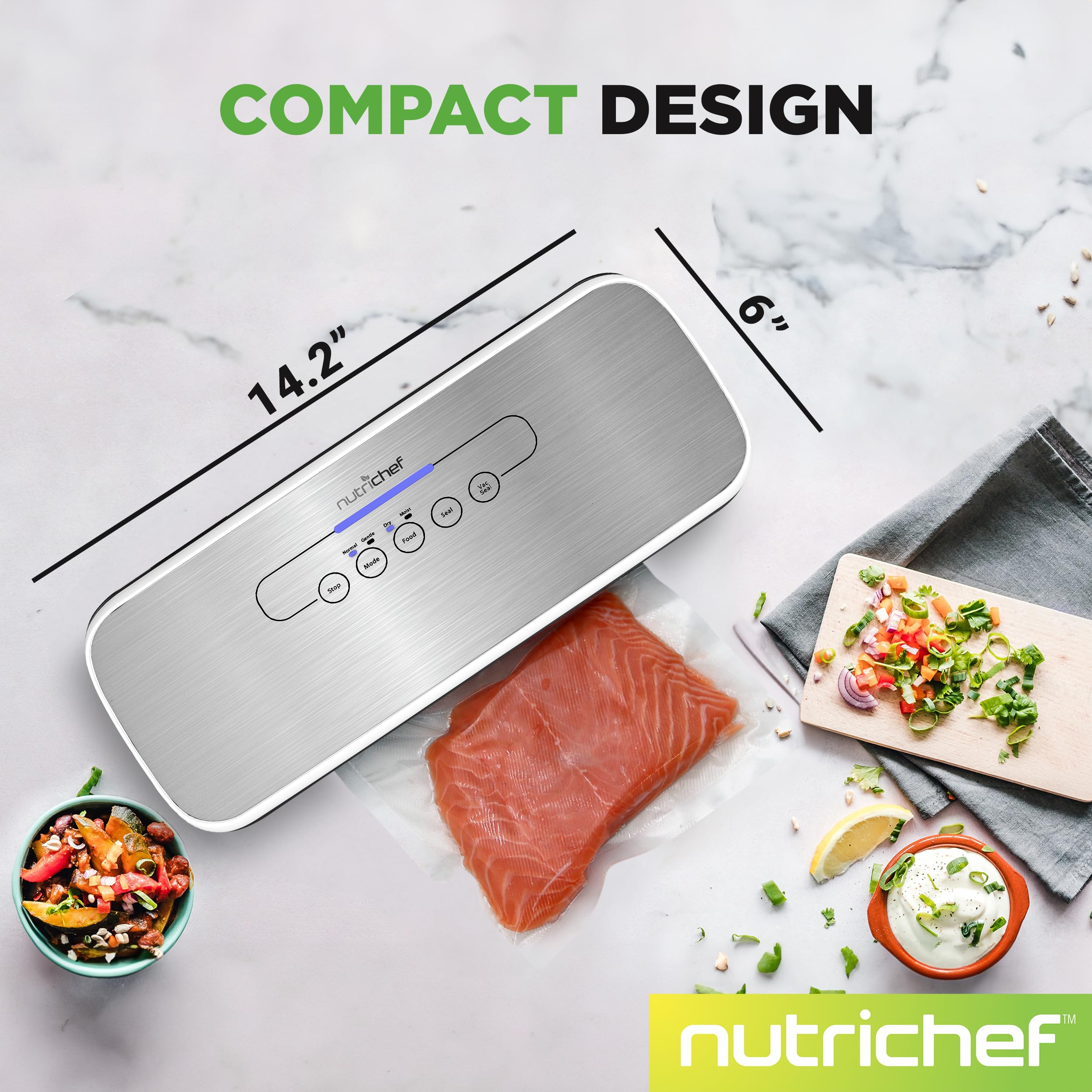 Nutrichef Vacuum Sealer Machine   Compact Silver Vacuum Sealing System With Dry & Moist Modes, Led Indicators, Starter Kit & Ext