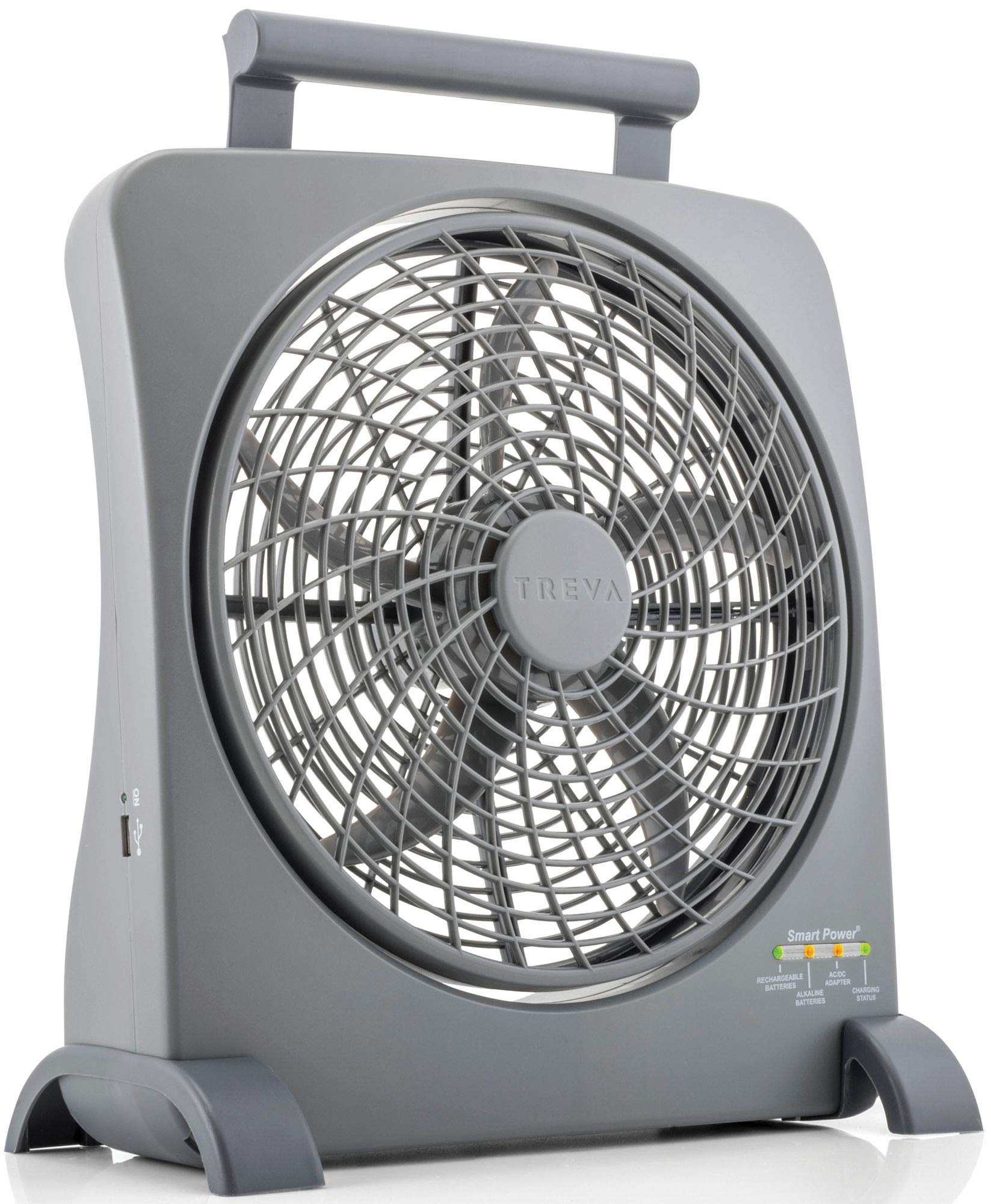 Treva 10 Inch Rechargeable Portable Fan Smart Power Air Circulator. Plug In Ac Adapter And Battery Powered, Usb Charging Port, F