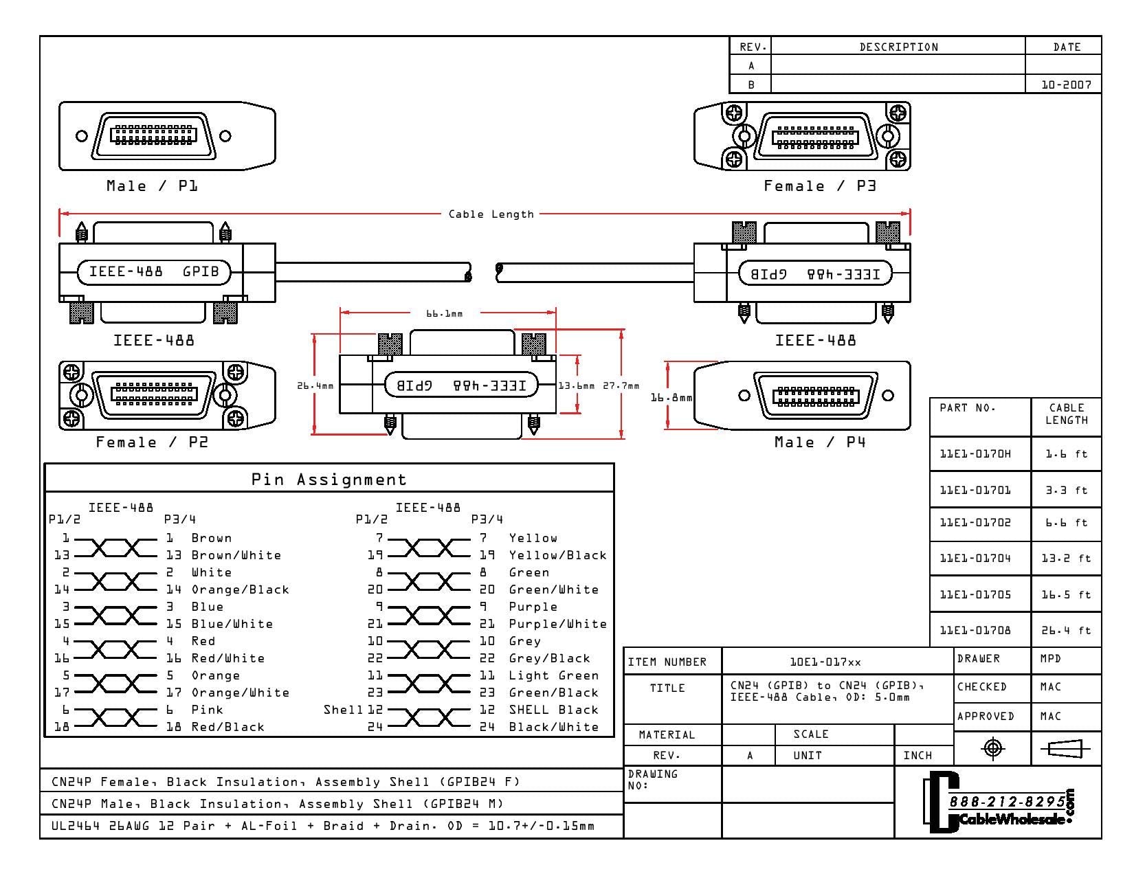 Cablewholesale Gpib/Hpib Daisy Chain Cable, Ieee 488, Cn24 Male And Female On Each End, 5 Meter (16.5 Foot)