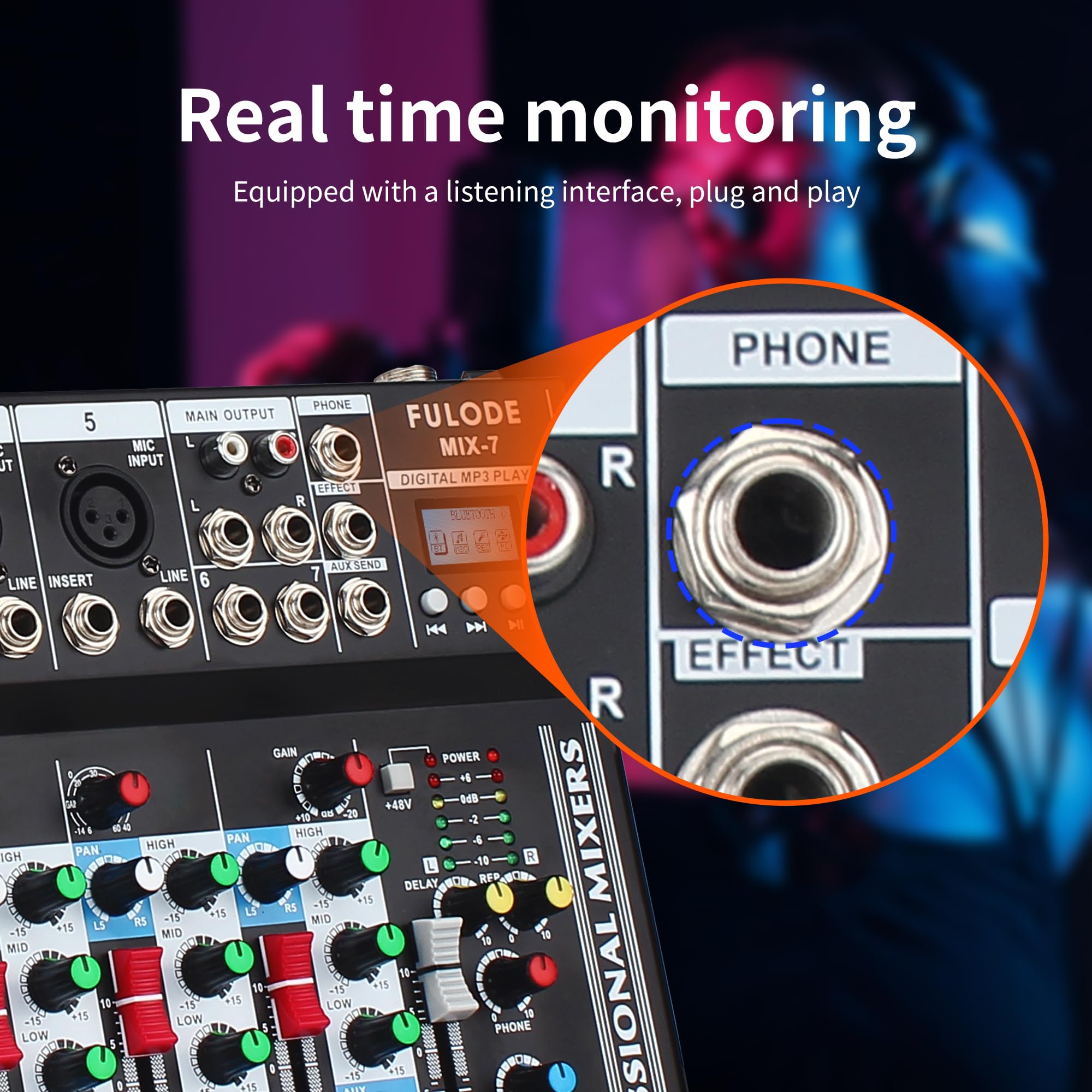 Fulode 7 Channel Audio Mixer, Bluetooth Portable Sound Board W/Usb Dj Mixer Mp3 Jack 48V Power For Computer Recording, Sound Mix