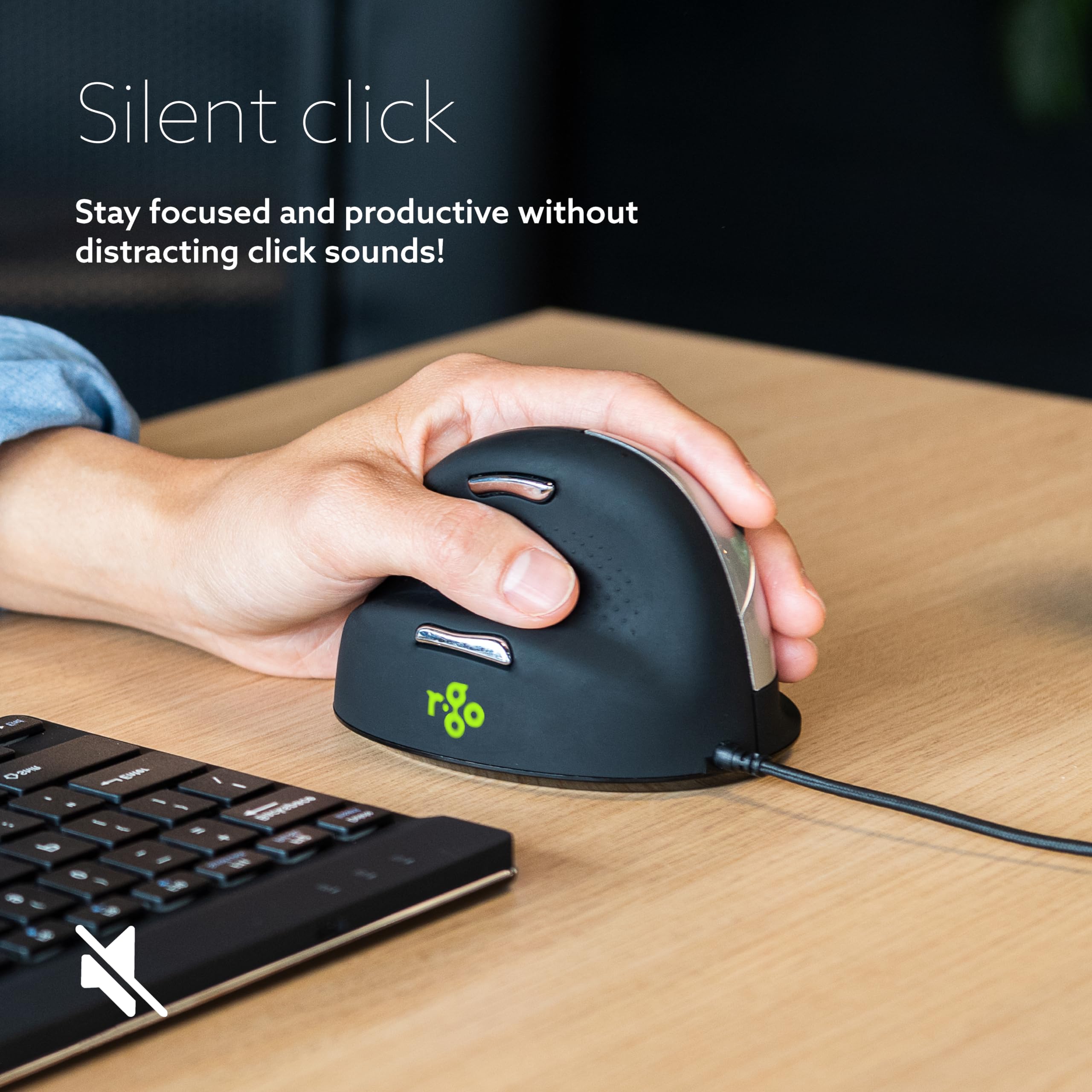 R Go He Vertical Ergonomic Mouse, Left Hand, Break Software, Wired, Prevents Tennis Elbow/Mouse Arm Rsi, Silent Click, 5 Buttons