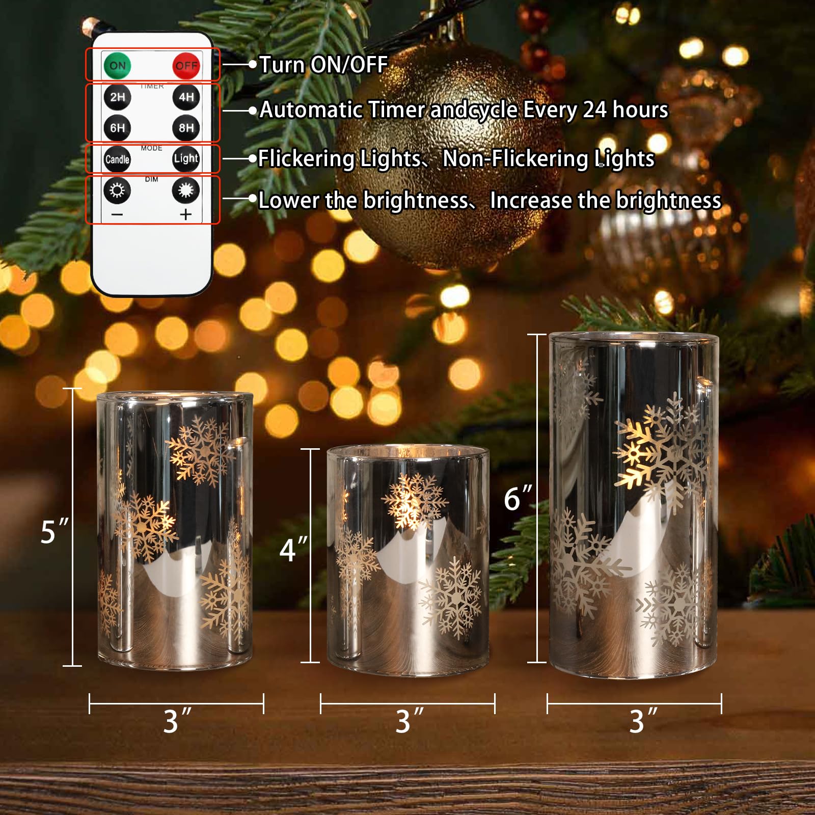 Crystal Club Christmas Flameless Candles With Remote, Set Of 3, Snowflake Plating Battery Operated Led Candles, Glass Effect Pil