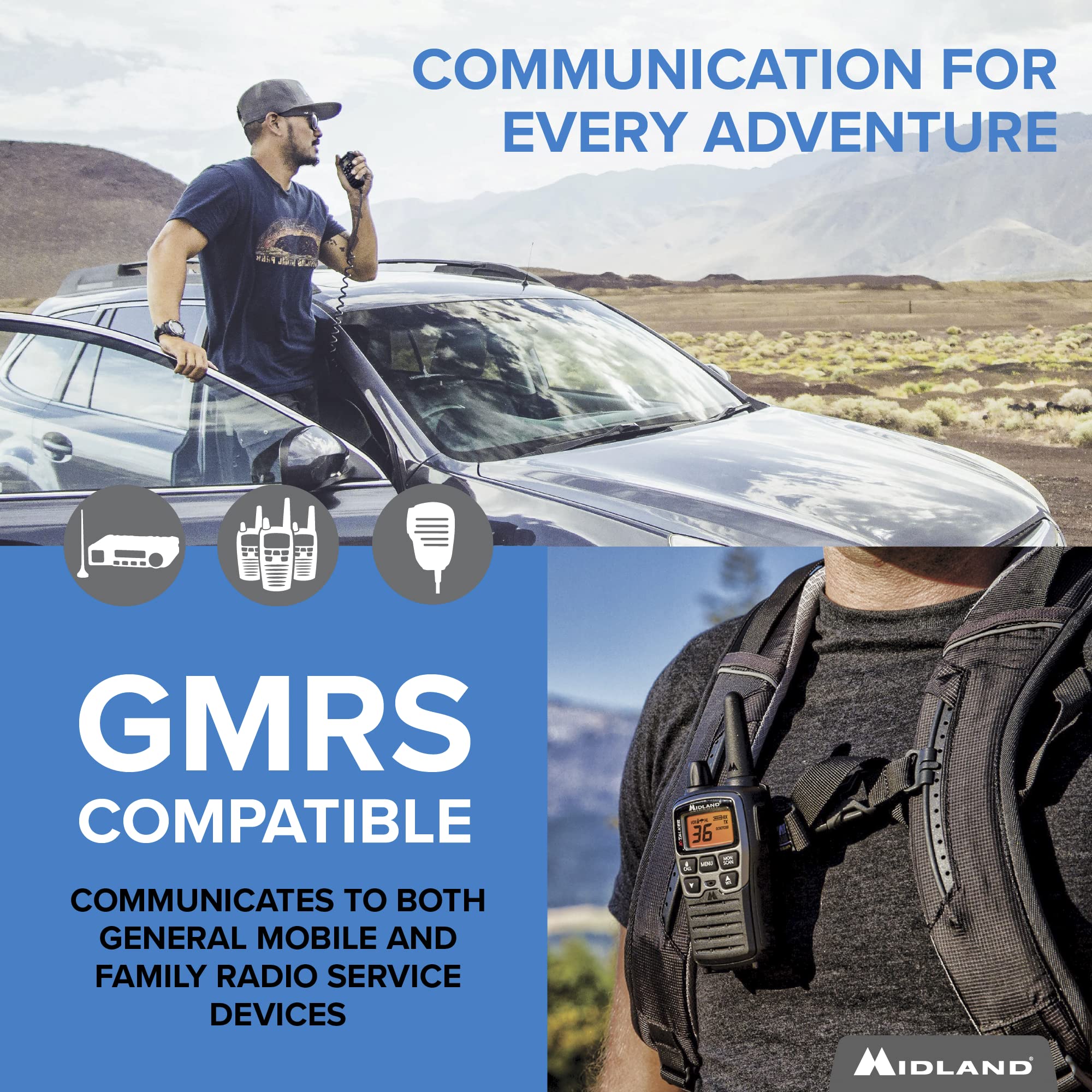 Midland � Mxt275 Micromobile� Gmrs Radio � 15 Watts Two Way Radio With Integrated Control Microphone � Overland Caravanning Tractors � Detachable External Magnetic Mount Antenna   8 Repeater Channels