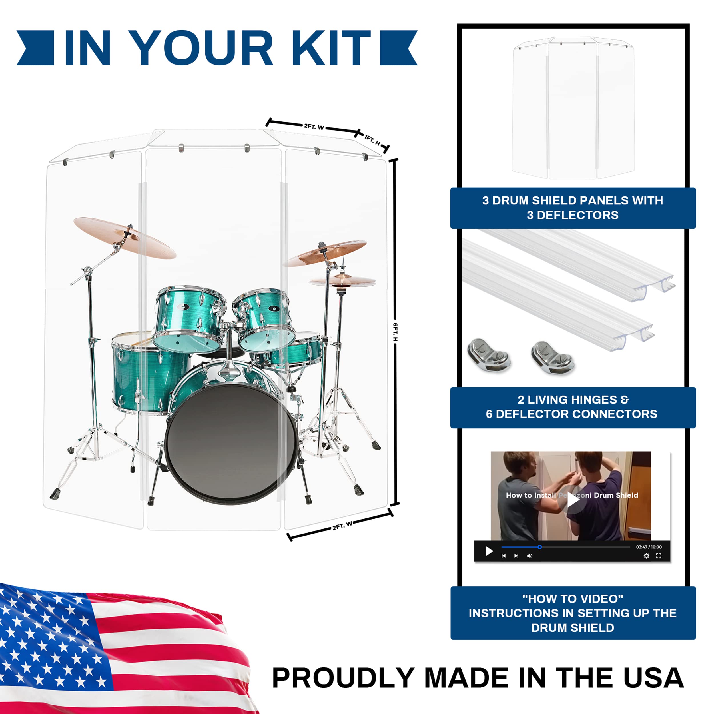 Pennzoni Drum Shield 6Ft W/Deflector & Plastic Hinges, Comes W/ 3 Drum Panels, Plastic Hinges & Deflector Connectors, Premium Cl