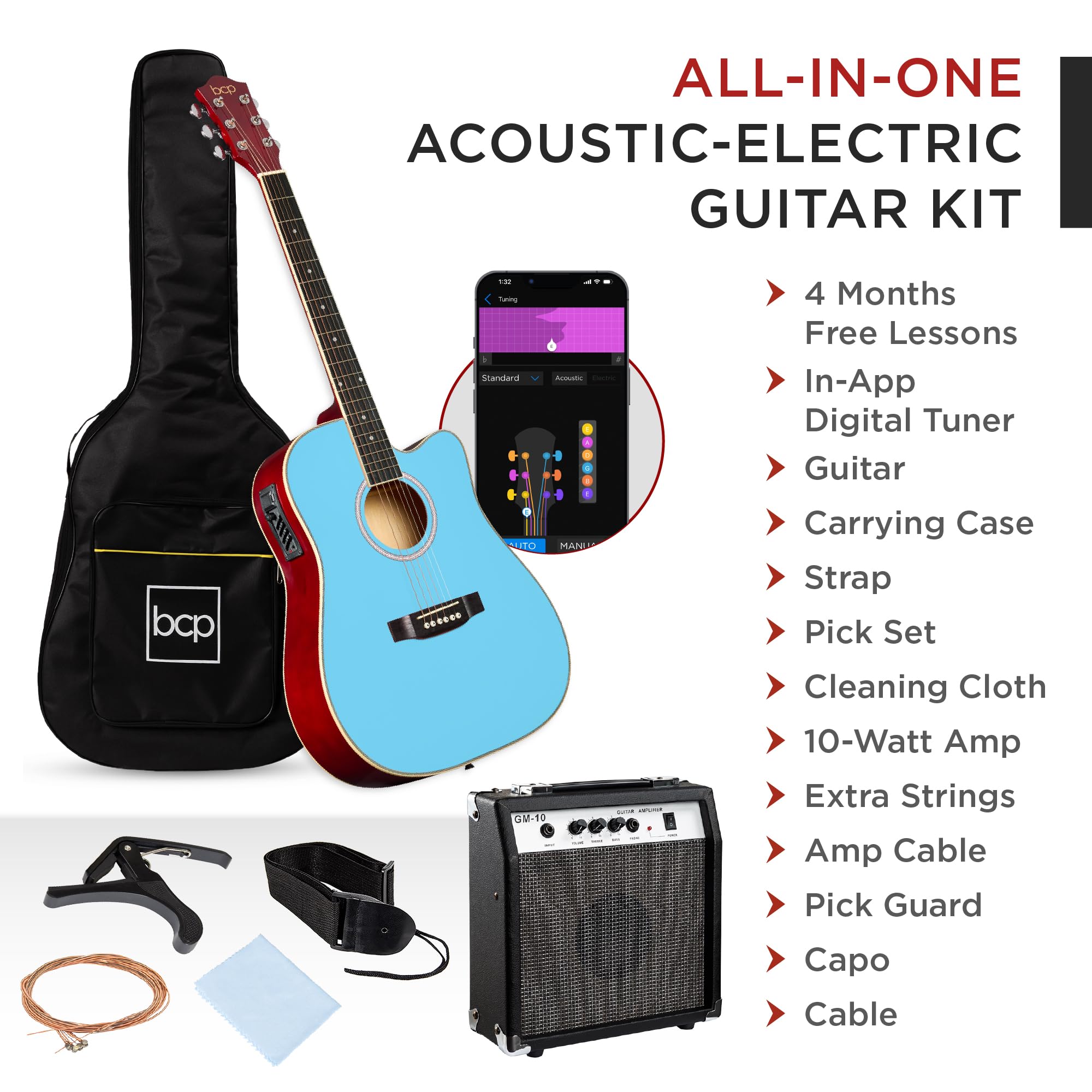 Best Choice Products Beginner Acoustic Electric Guitar Starter Set W/ 41In, All Wood Cutaway Design, Gig Bag, Strap, Picks - Sky