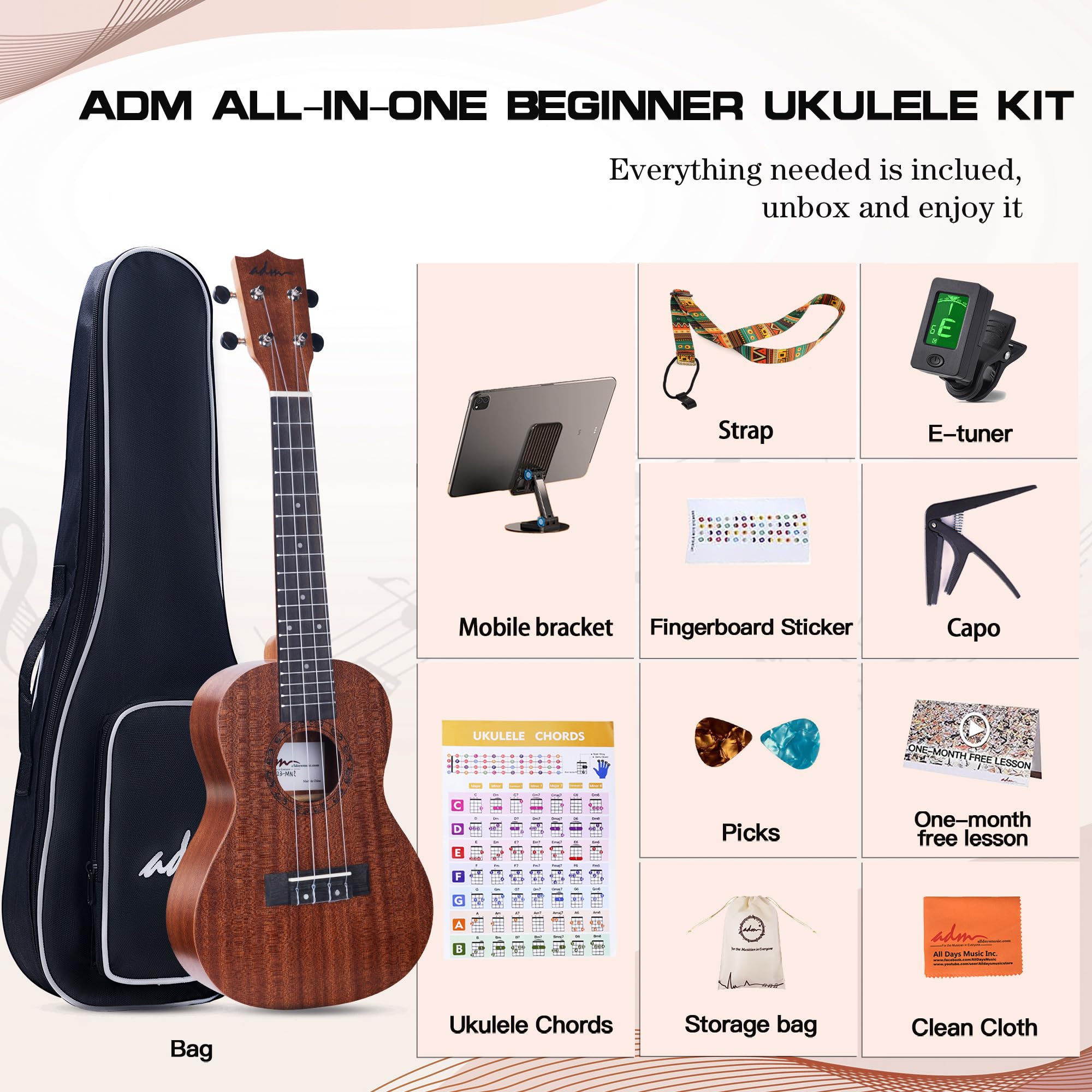 Adm Concert Ukulele Beginner Kit Mahogany Hawaiian Wood Ukelele Bundle Ukalalee Set With Uke Free Starter Lessons For Kids Stude