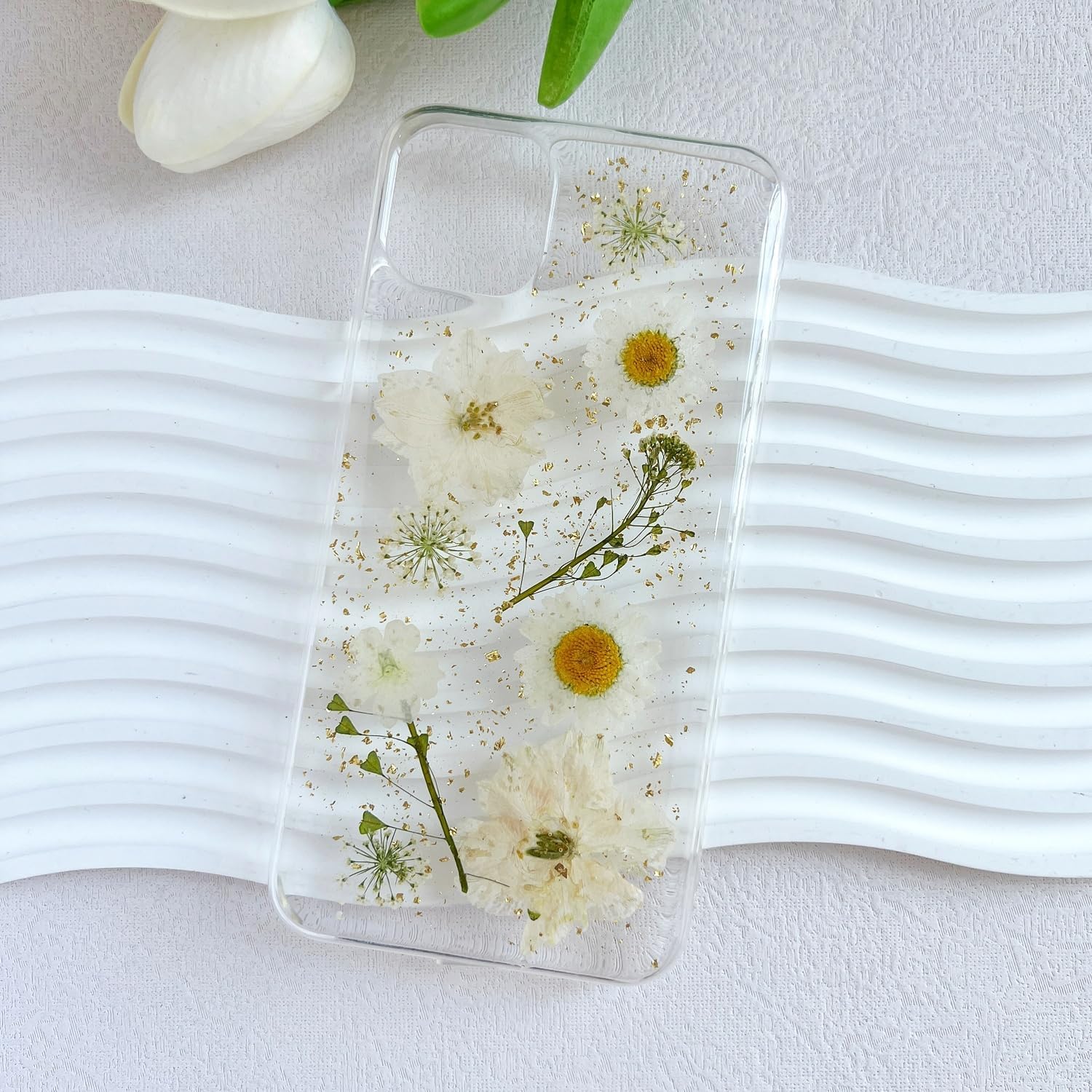 Lseeka For Iphone 11 Pro Clear Case With Pressed Real Flowers Design,Glitter Cute White Floral Pattern Slim Soft Tpu Protective