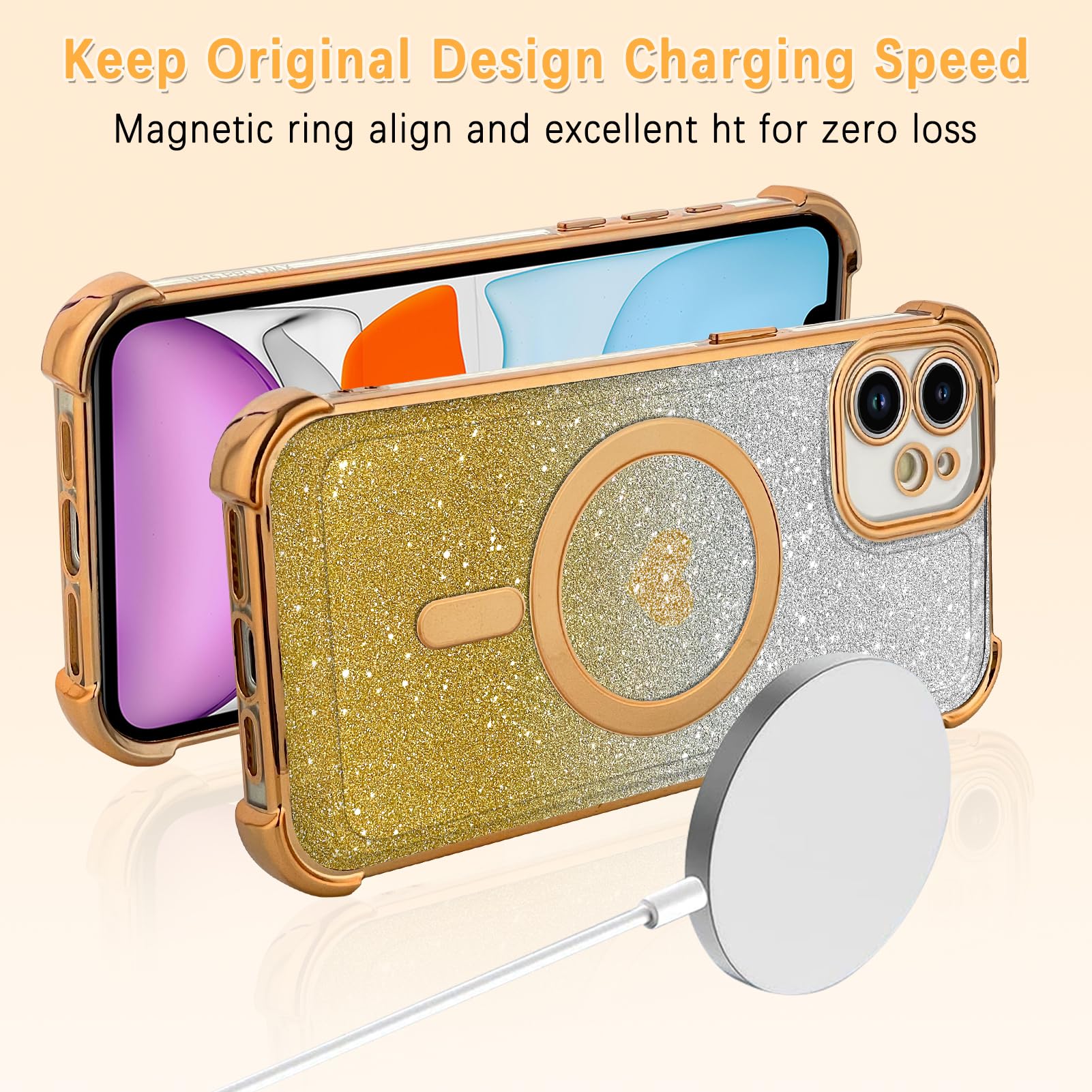 Tharlet Magnetic For Iphone 11 Case [Compatible With Magsafe] Glitter Cute Love Luxury Plating Plating Bling Clear Phone Case Wi