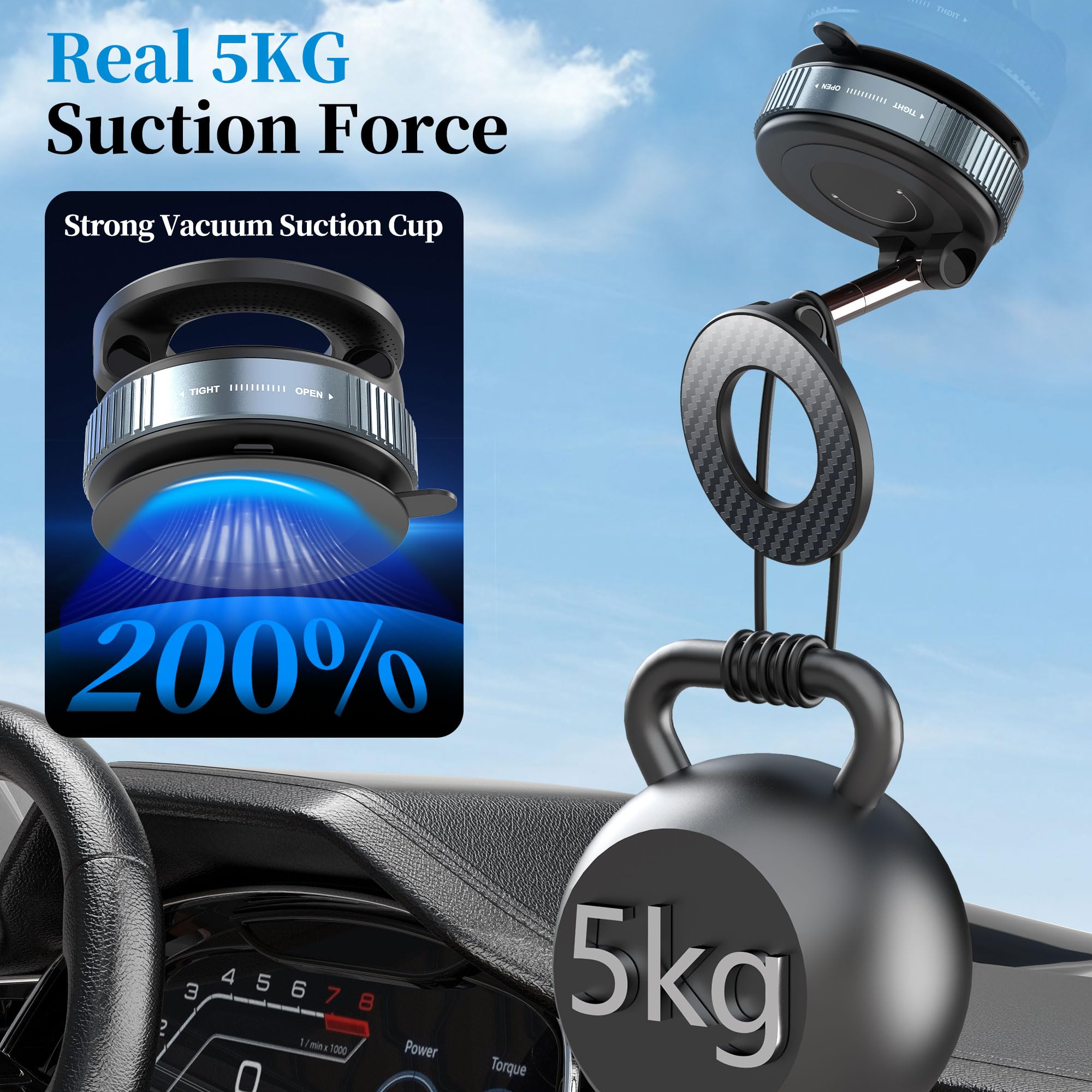 Plusacc Vacuum Magnetic Phone Holder For Car - Suction Cup Phone Mount 360 Rotatable Foldable Portable Strong Magnet Stand For I