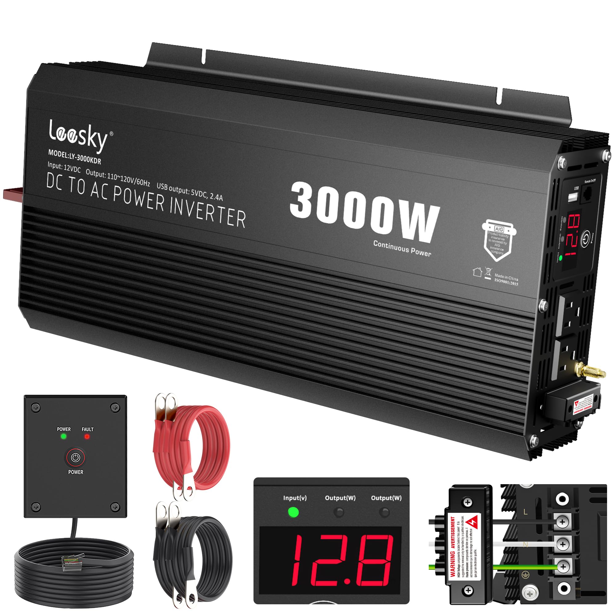 3000 Watt Power Inverter 3000W 12V DC to 110V 120V AC Inverter for Car Outdoor Solar Power Home RV Truck Compatible with Lithium
