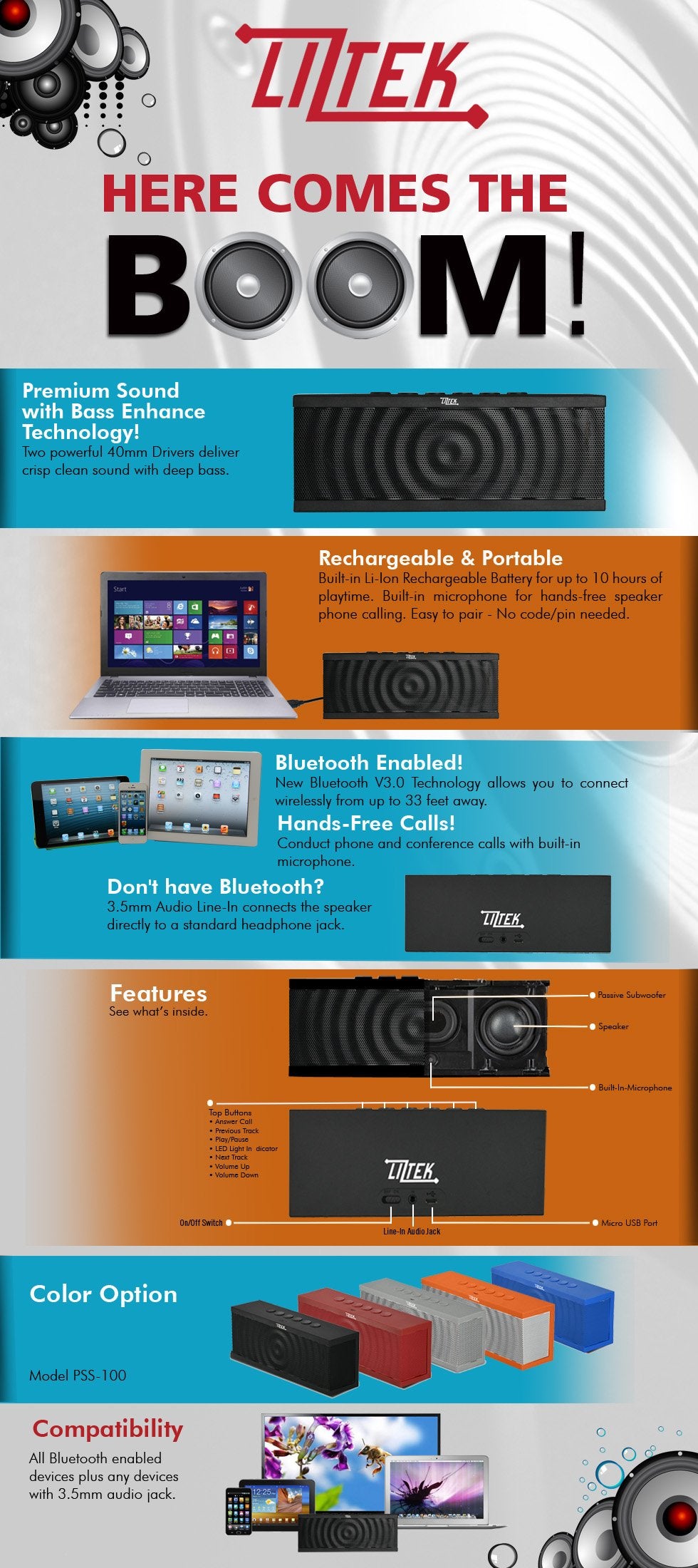 Liztek Pss 100 Portable Wireless Bluetooth Speaker With Built In Speakerphone, 10 Hour Rechargeable Battery Perfect Speaker For Iphone, Samsung And More