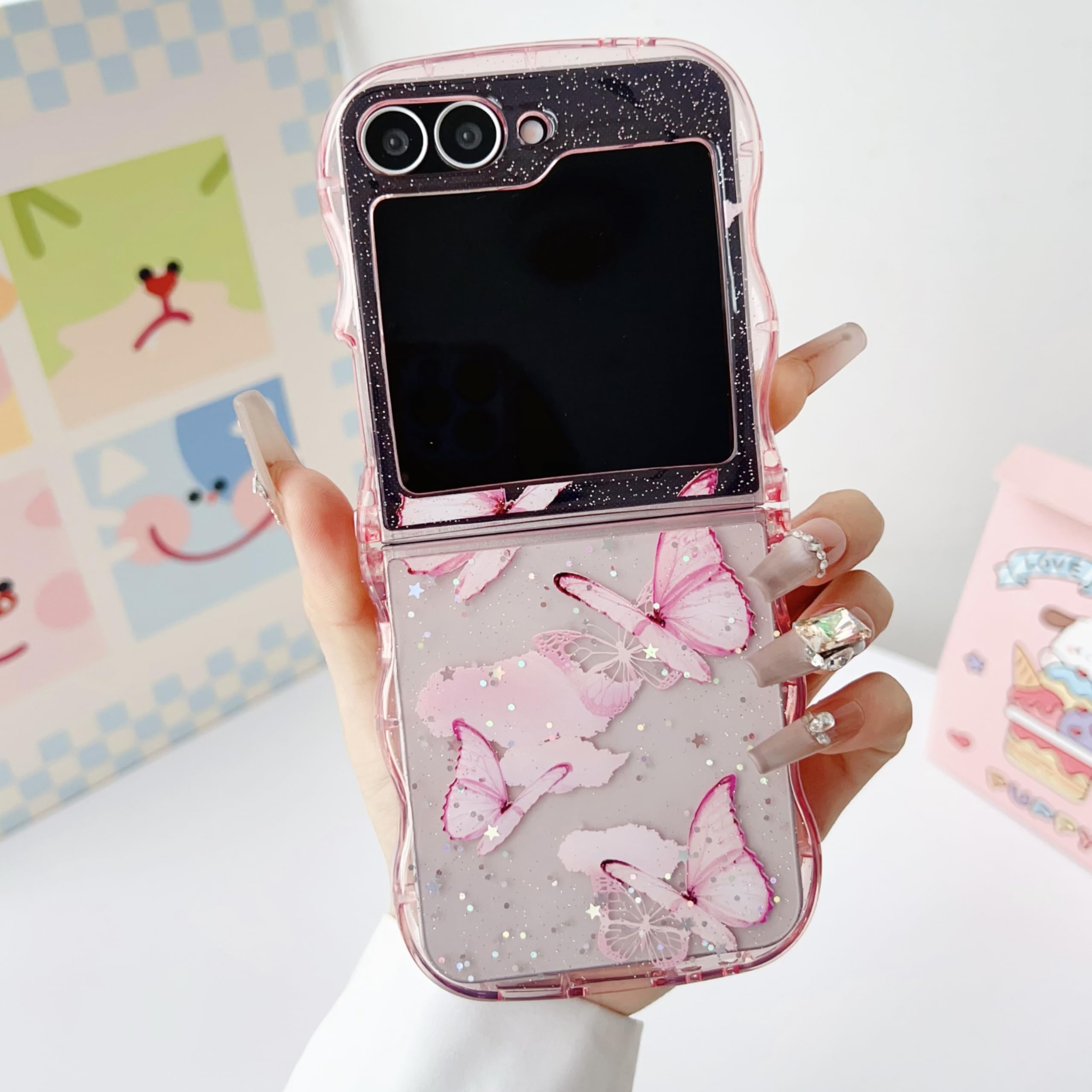 UEEBAI Wave Butterfly Case for Samsung Galaxy Z Flip 5/Z Flip 6/Z Flip 7 FE 5G Case, Pretty Bling Star Butterfly Cute Shiny Glit