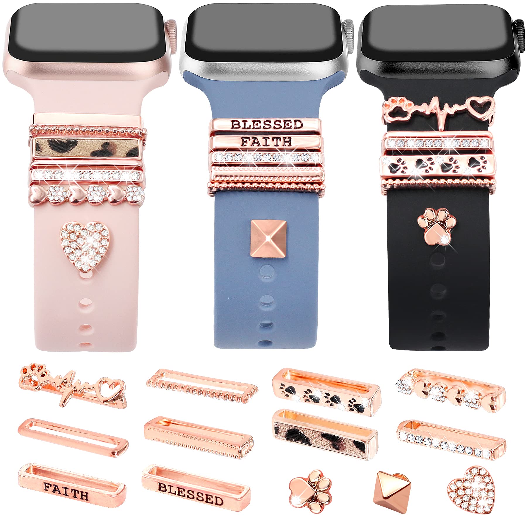 Jr.Dm 13 Pcs Rose Gold Watch Band Charms With 10 Pcs Decorative Rings Loops 3 Pcs Decoration, Compatible With Apple Watch Band M