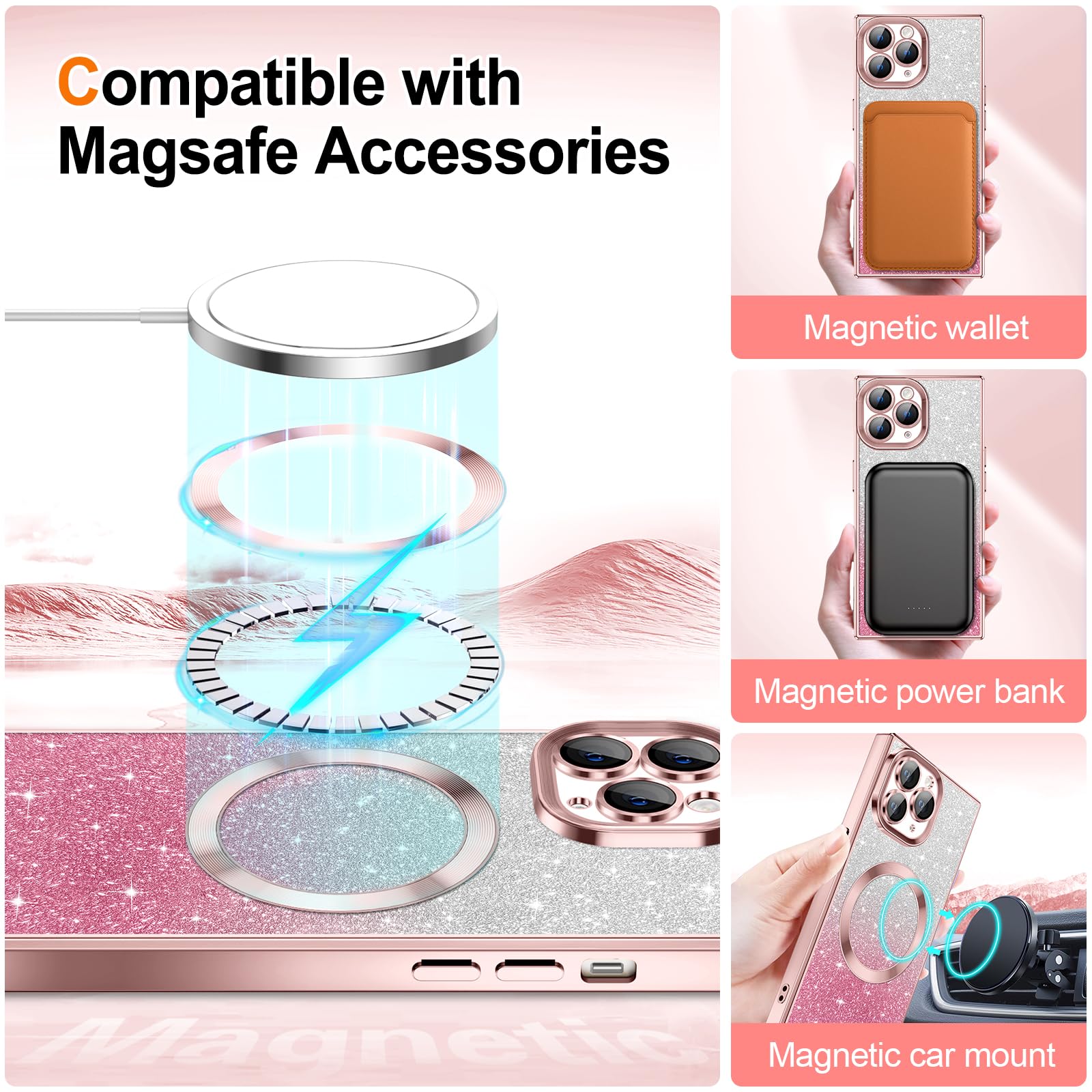 Hython For Iphone 11 Pro Max Case Clear Magnetic Glitter Phone Cases [Compatible With Magsafe] Full Camera Lens Protector Gradie
