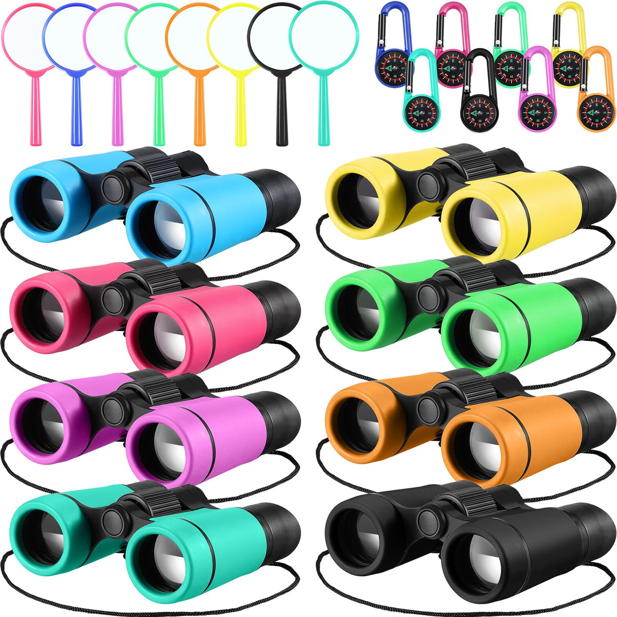 Hiboom 8 Pack Kid Binoculars Set Shockproof Mini Compact Binoculars Compass Magnifying Glass For 3 12 Years Boys Girls Folding S