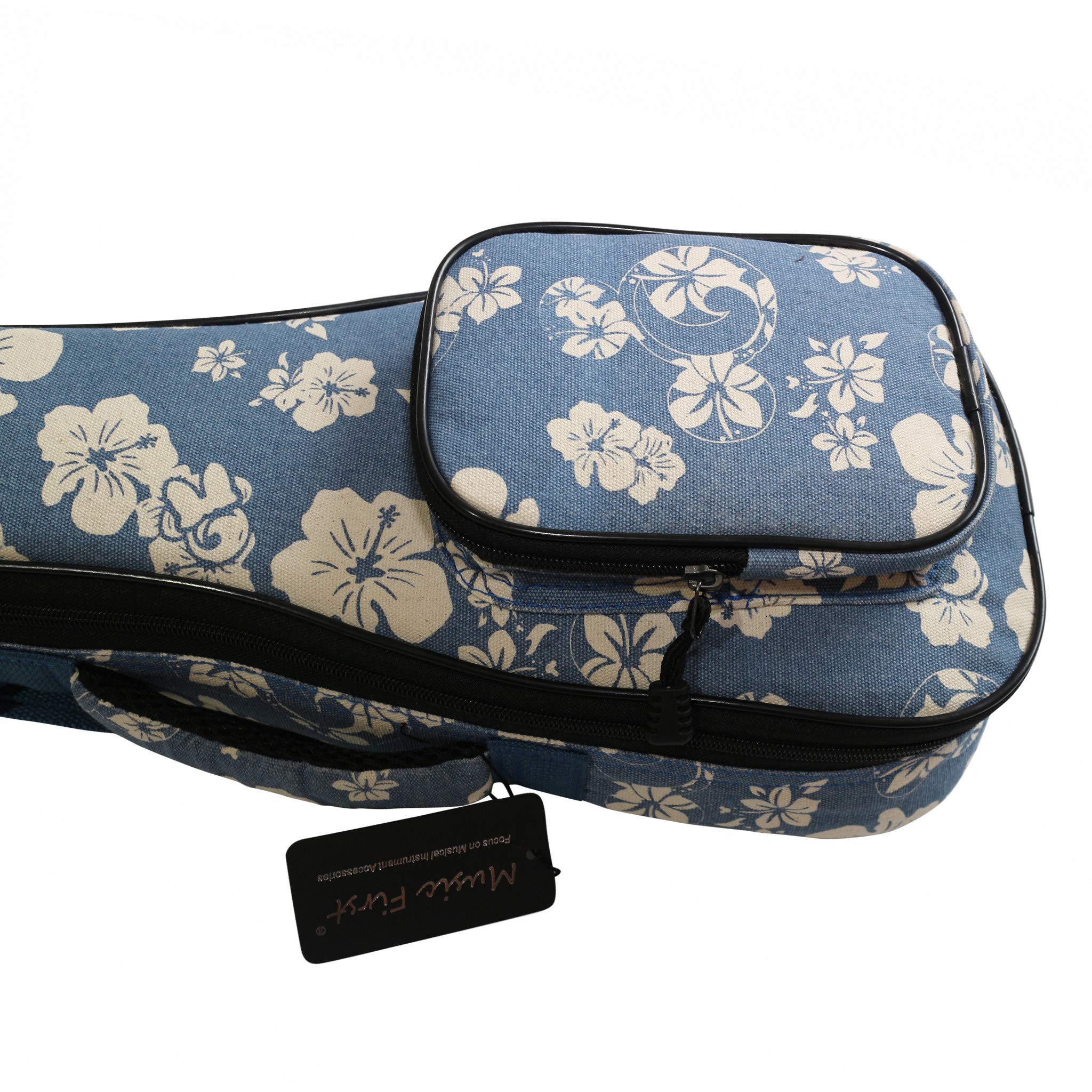 Music First Original Design 0.5 '' Thick Padded Hawaii Style Blue And White Plumeria    Canvas Ukulele Case, Ukulele Bag, Ukulel
