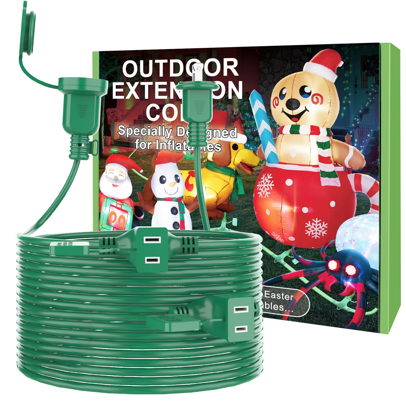 25Ft Long Green Extension Cord 3 Outlets For Christmas Inflatables Blow Ups Yard Outdoor Outside Decorations Extension Cords Wit