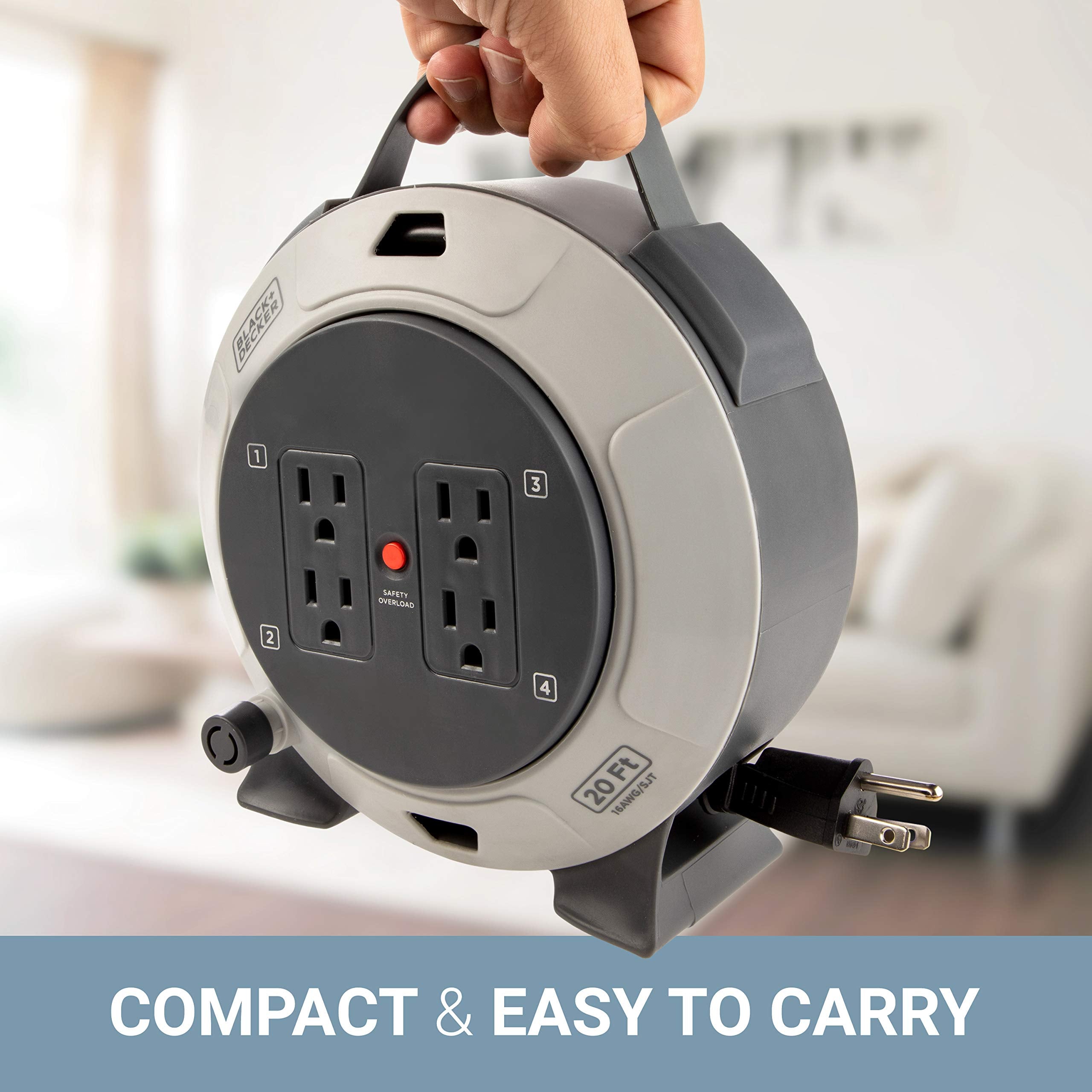 Black+Decker Retractable Extension Cord Reel 20 Ft. With 4 Outlets, Multi Plug Extension, Thermal Breaker Reset Button & Heavy D