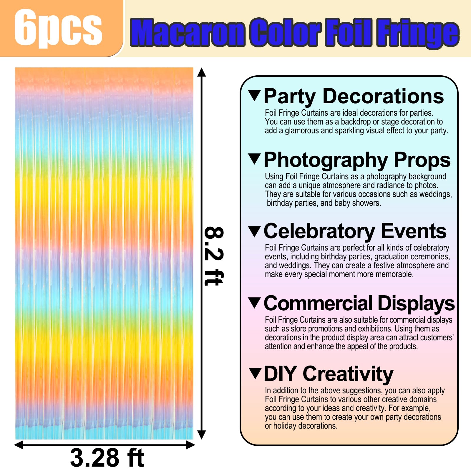 6 Pack Light Raainbow Foil Fringe Curtain Backdrop, 3.28Ft X 8.2Ft Metallic Tinsel Foil Fringe Streamer Curtains For Photo Booth