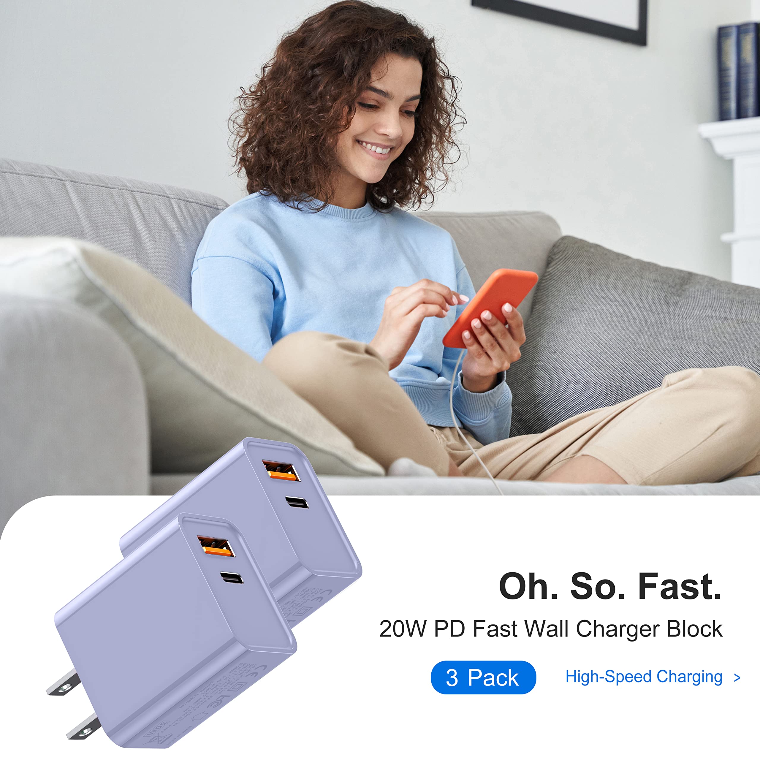 3 Pieces Usb C Wall Charger For Iphone 16/15/14/13 Pro Max Plus Cube, 20W Pd Type C Quick Power Adapter Usbc Block Box Plug For