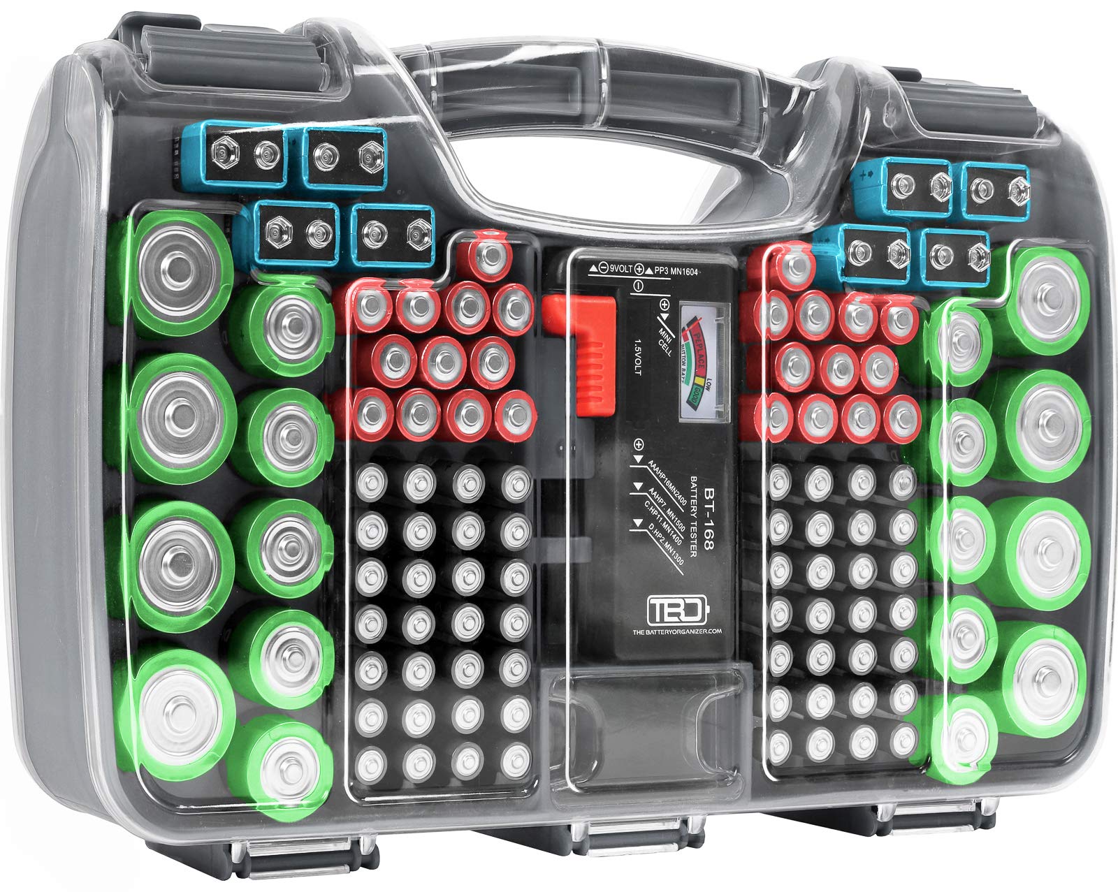 The Battery Organizer, Battery Storage Organizer Hinged Clear Cover with Locking Lid, Holds 180 Batteries, Includes a Removable