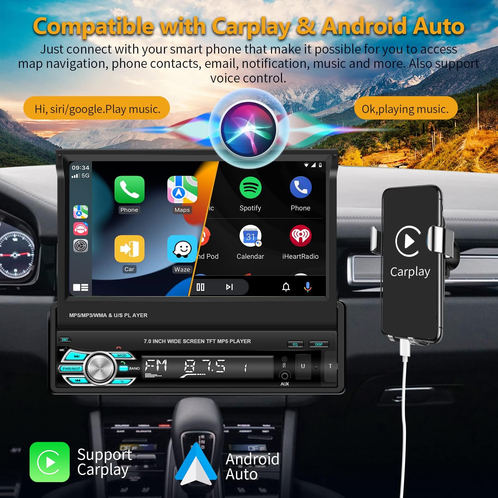 Podofo Single Din Apple Carplay Car Stereo With Bluetooth Ahd Backup Camera, 7� Flip Out Touch Screen Car Radio Mp5 Player Support Android Auto, Mirror Link, Usb, Tf, Fm Radio, Aux In, Swc