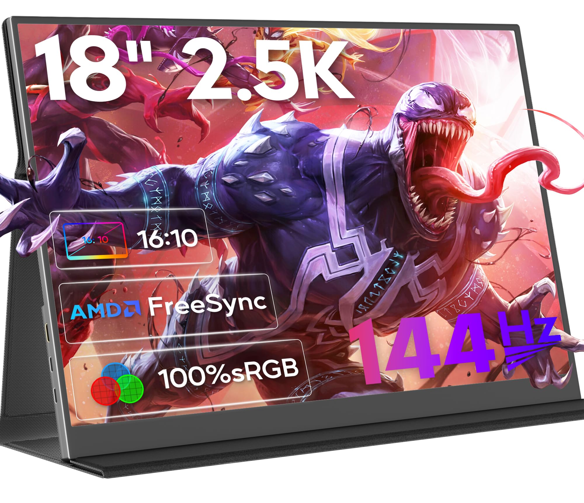OUNSHLI 2.5K 144Hz Portable Monitor 18  2560x1600 Portable Gaming Monitor 100% sRGB FreeSync HDR Laptop Monitor w/VESA & Case, 1