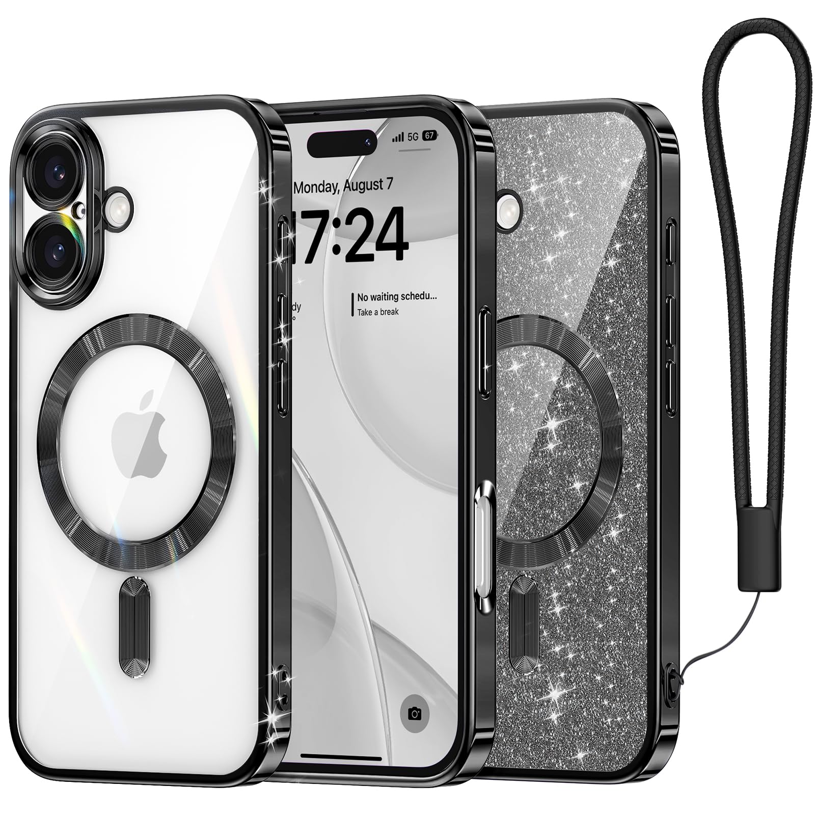 Meifigno Designed For Iphone 16 Plus Case 6.7'', [Glitter Card & Wrist Strap] [Compatible With Magsafe] Surround Lens Protection