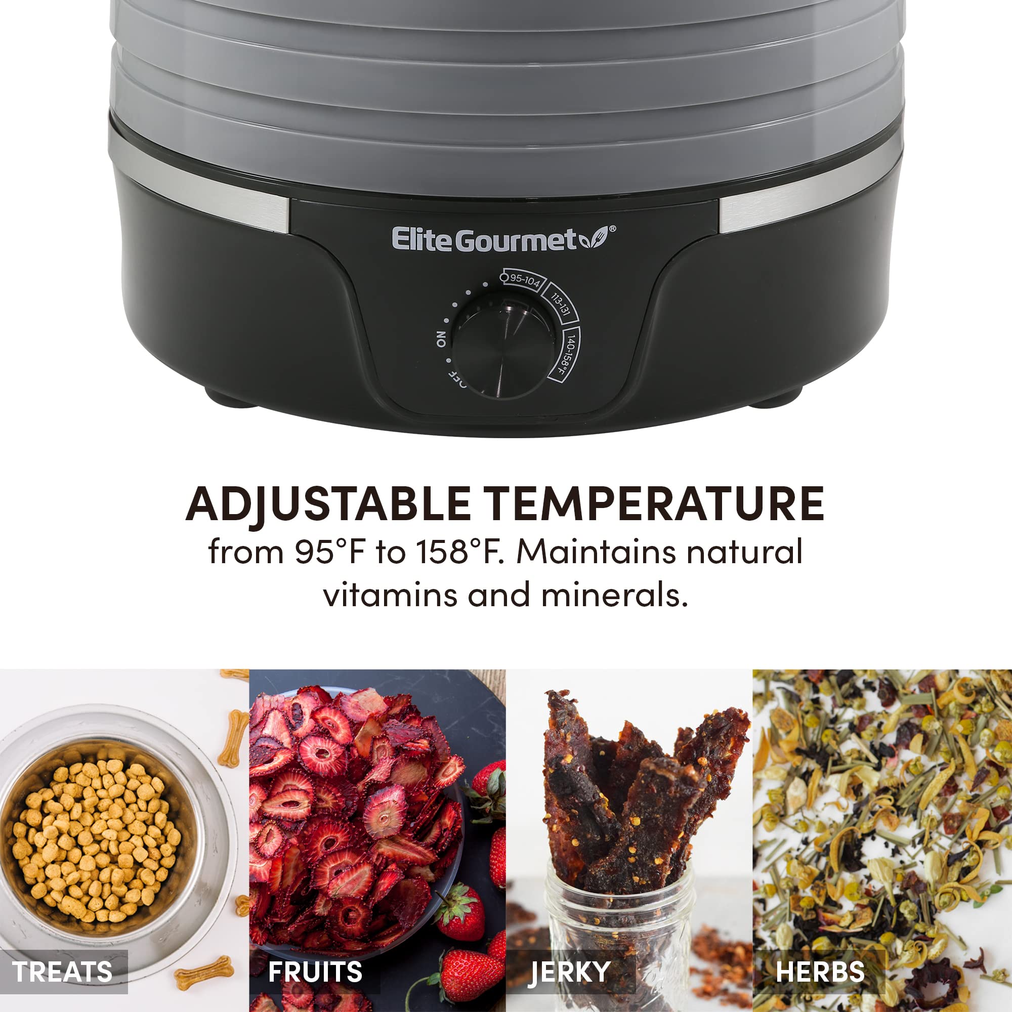 Elite Gourmet Efd319Dkg Food Dehydrator, 5 Bpa Free 11.4'' Trays Adjustable Temperature Controls, Jerky, Herbs, Fruit, Veggies,