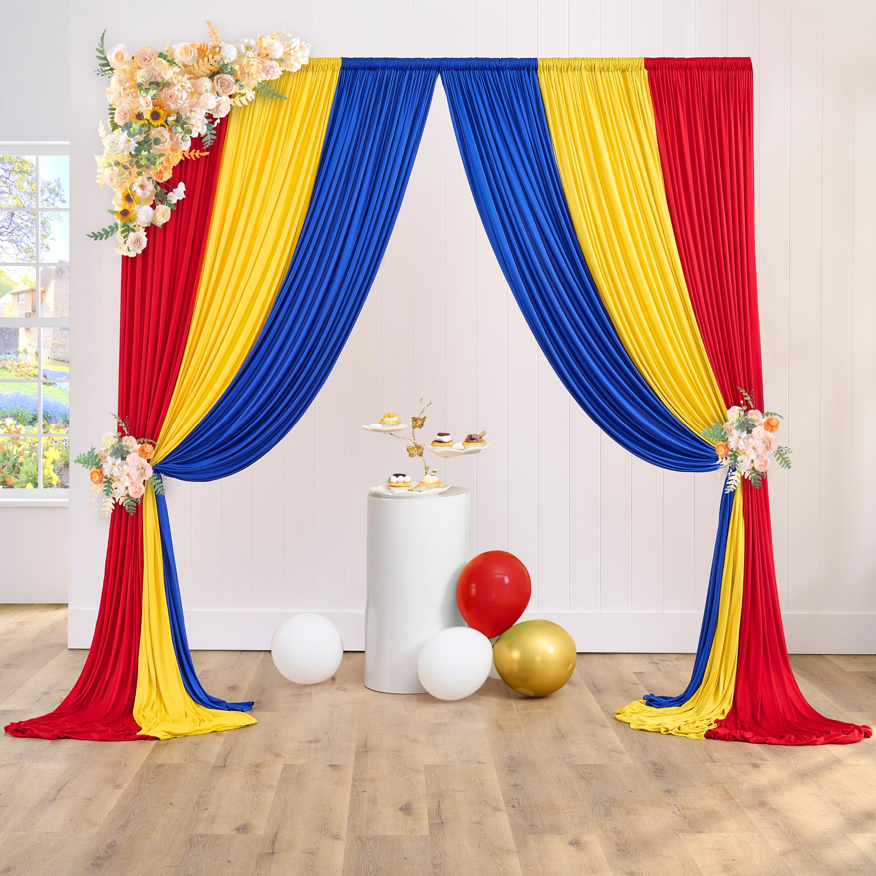 10Ft X 15Ft Thick Backdrop Curtain For Parties, Yellow Red Royal Blue Wrinkle Free Photography Backdrop Drapes, 6 Panels 2.5Ft X