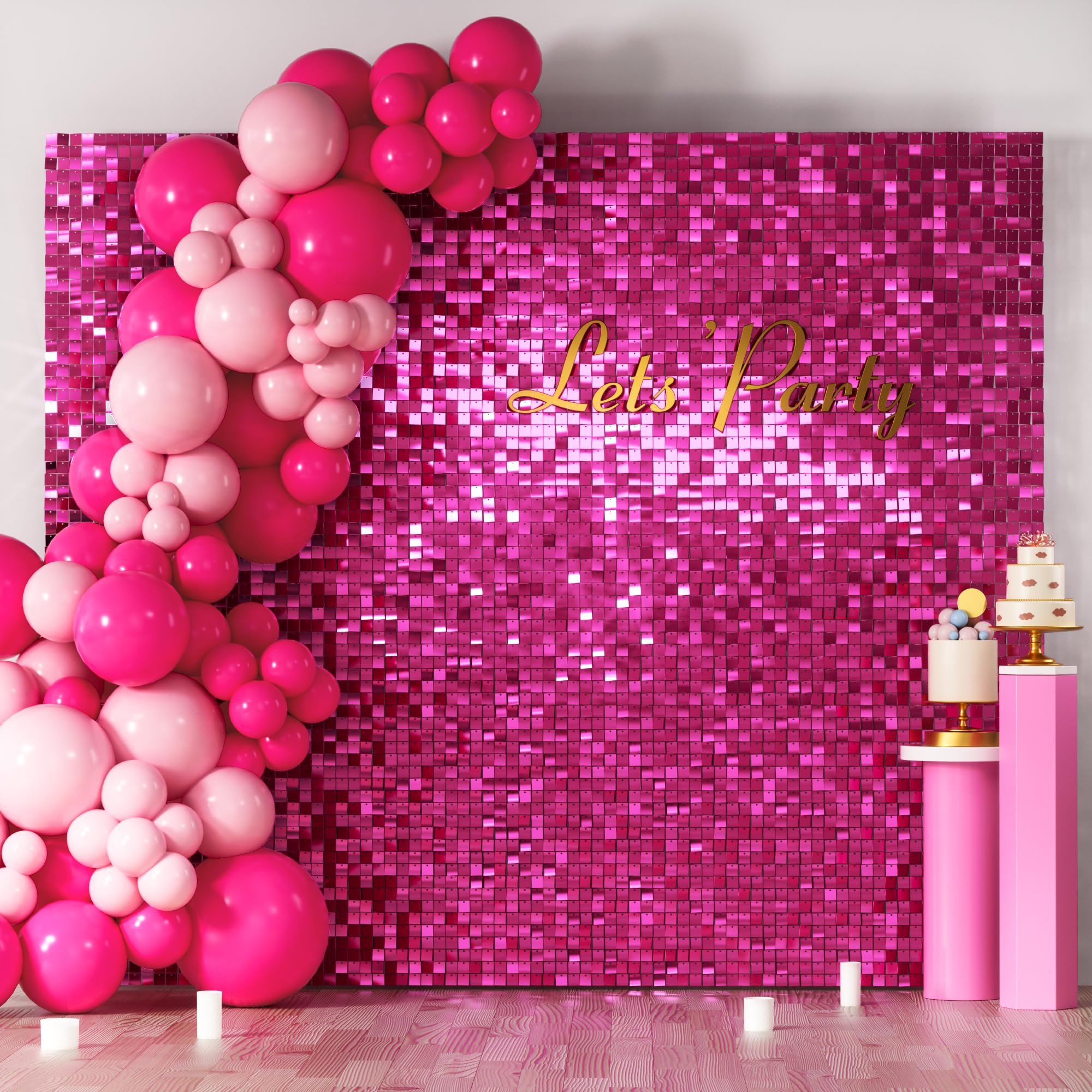 Cokaobe Hot Pink Shimmer Wall Backdrop, 36Pcs Square Sequin Shimmer Backdrop Panel, Photo Backdrops For Birthday, Anniversary, W