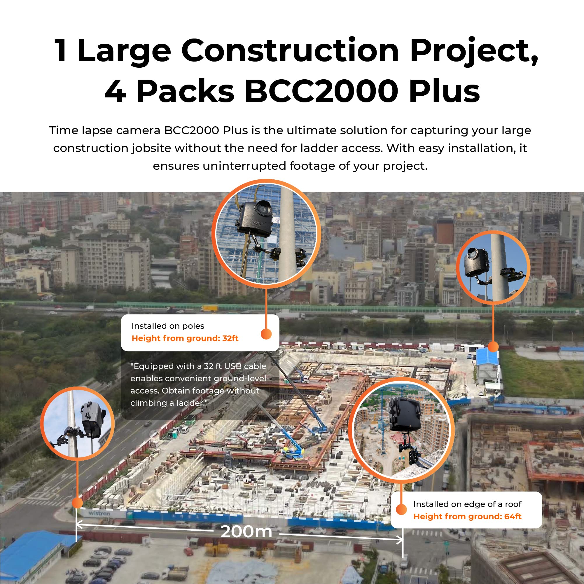 Brinno Bcc2000 Plus 4 Pack Construction Camera Bundle | Includes: Full Hd Tlc2000 Time Lapse Camera, 32 Ft Extender Kit, Clamp Mount & Waterproof Case | Cameras For Jobsites | 1 Year Battery | 4 Pack