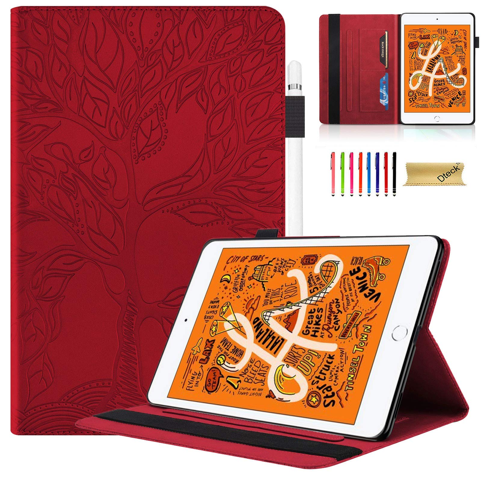 Dteck Case for iPad mini 5th/4th Generation, iPad mini 3/2/1 Case 7.9 - [Embossed Tree Pattern] Protective Leather Smart Folio Slim Case with Auto Sleep Wake/Adjustable Viewing Stand Angle (Red) -Like New