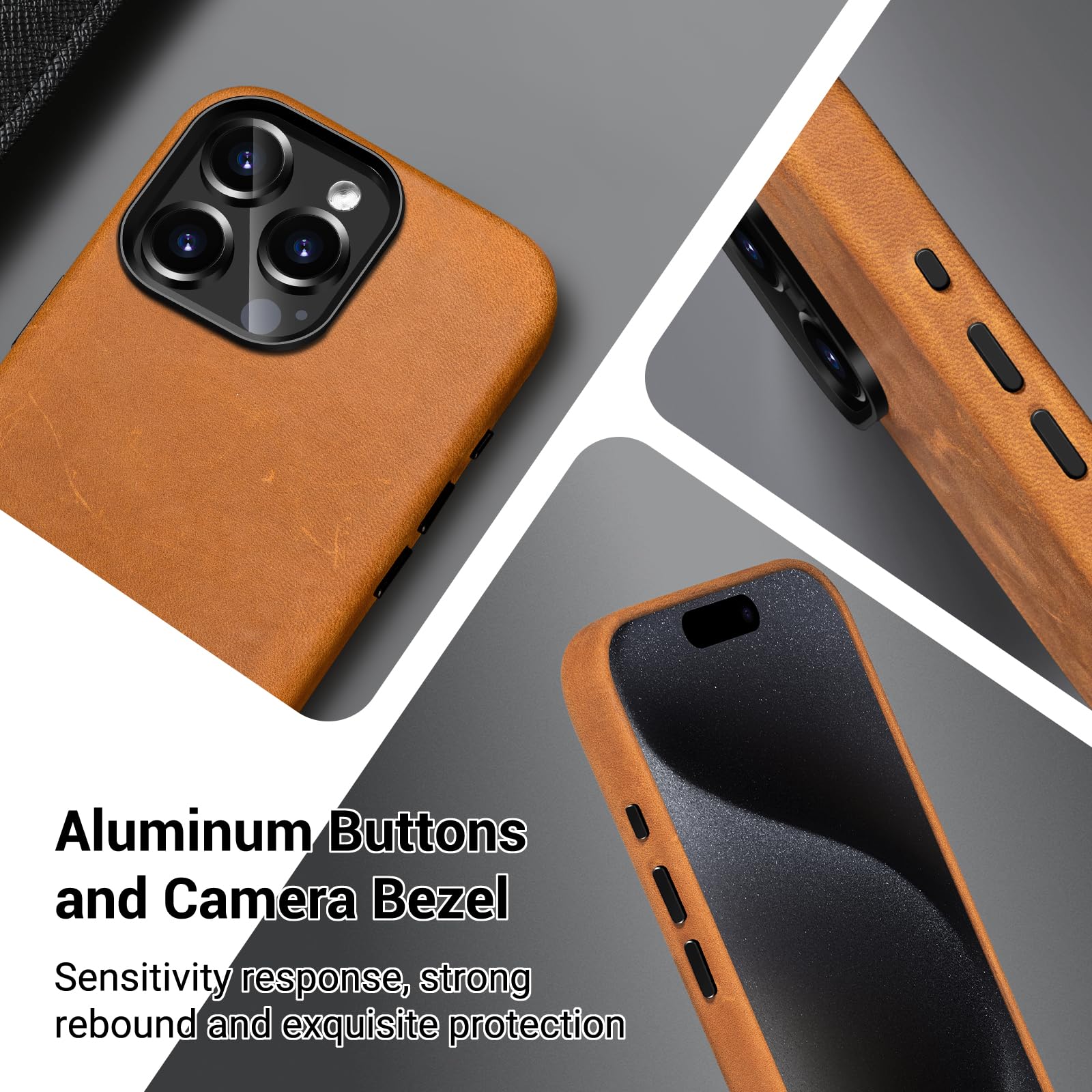 Belemay Compatible With Iphone 15 Pro Max Leather Case With Magsafe - Top Grain Vintage Crazy Horse Leather - Metal Buttons & Le
