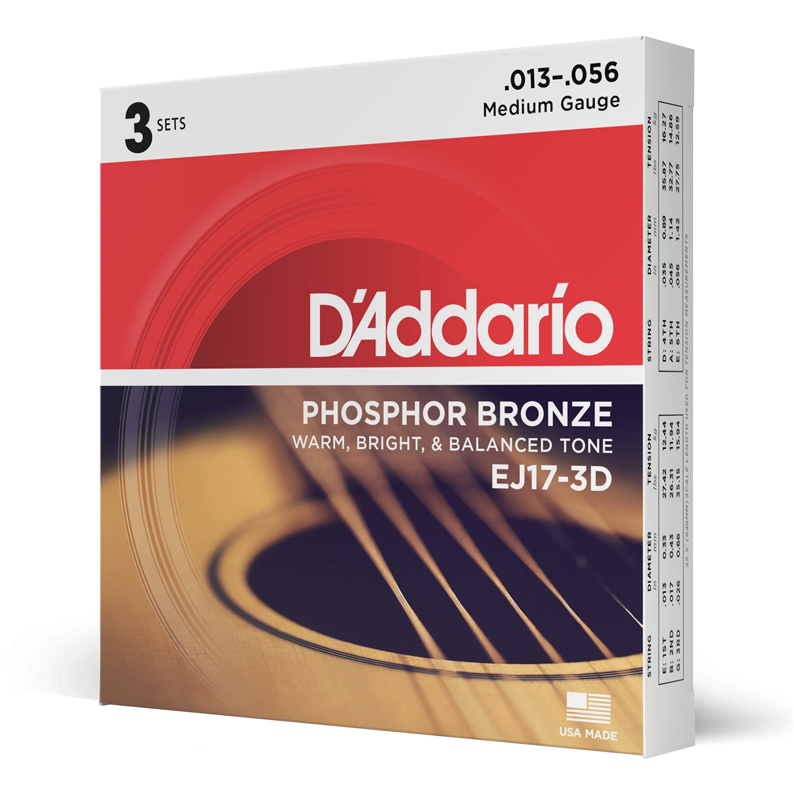 D'Addario Guitar Strings   Phosphor Bronze Acoustic Guitar Strings   Ej17 3D   Rich, Full Tonal Spectrum   For 6 String Guitars