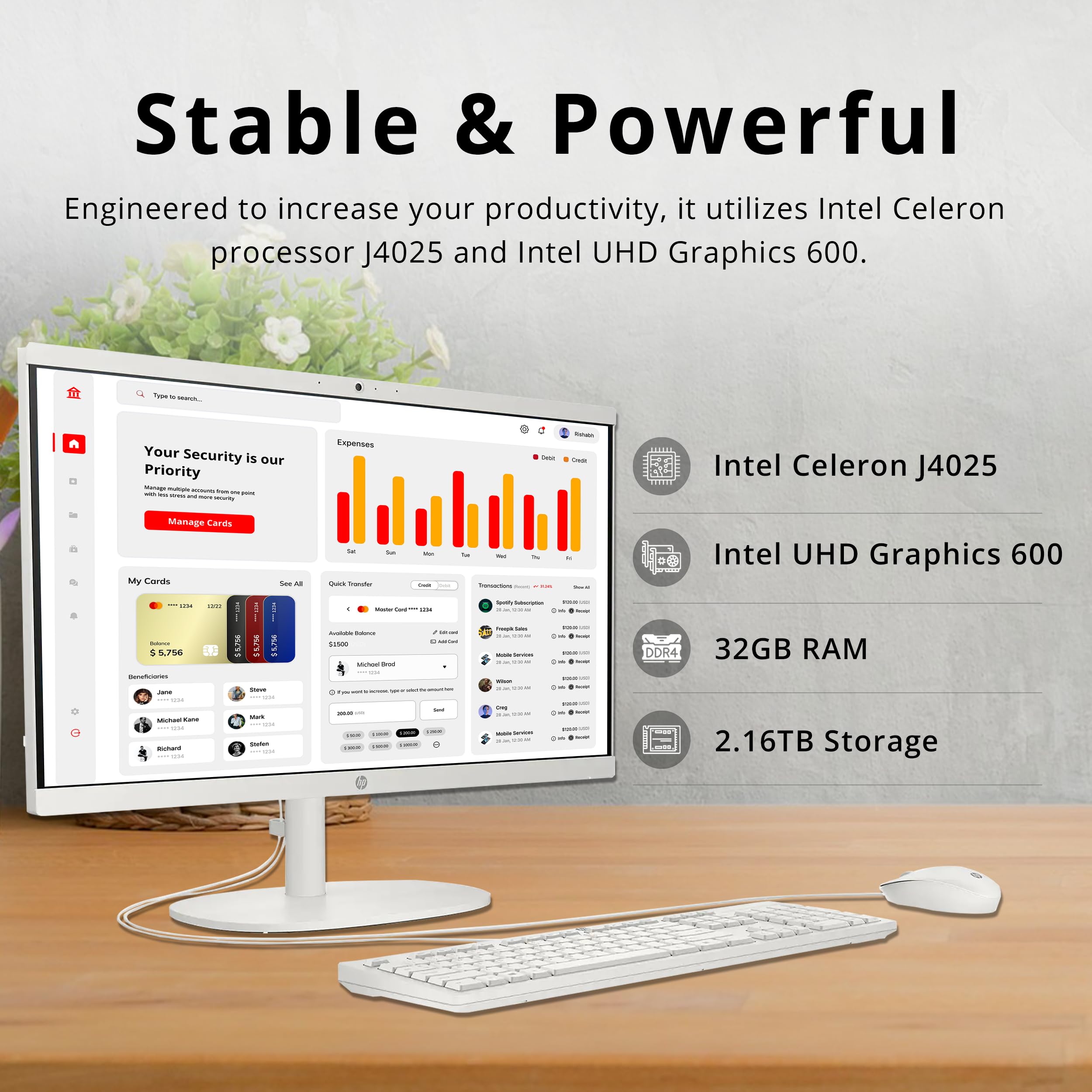 Hp All-In-One Desktop Computer, 21.5'' Fhd Display, Intel Celeron J4025 Processor, 32Gb Ram, 2.16Tb Storage (2Tb Ssd + 160Gb Doc