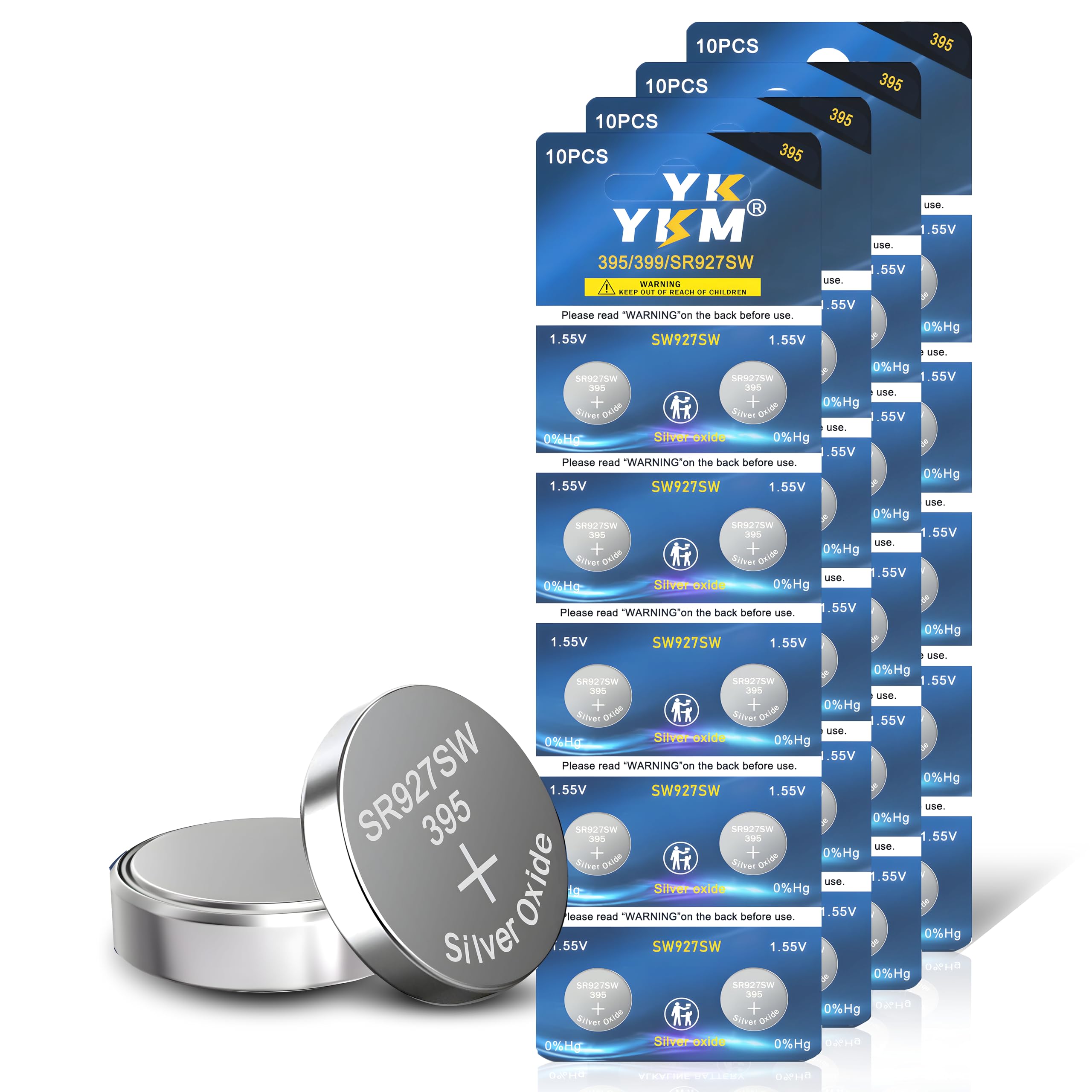 YKM 40 Pack 395 399 SR927SW LR927 AG7 1.55V Silver Oxide Battery for LED Light Calculator Watch Battery Long Lasting Button Batt